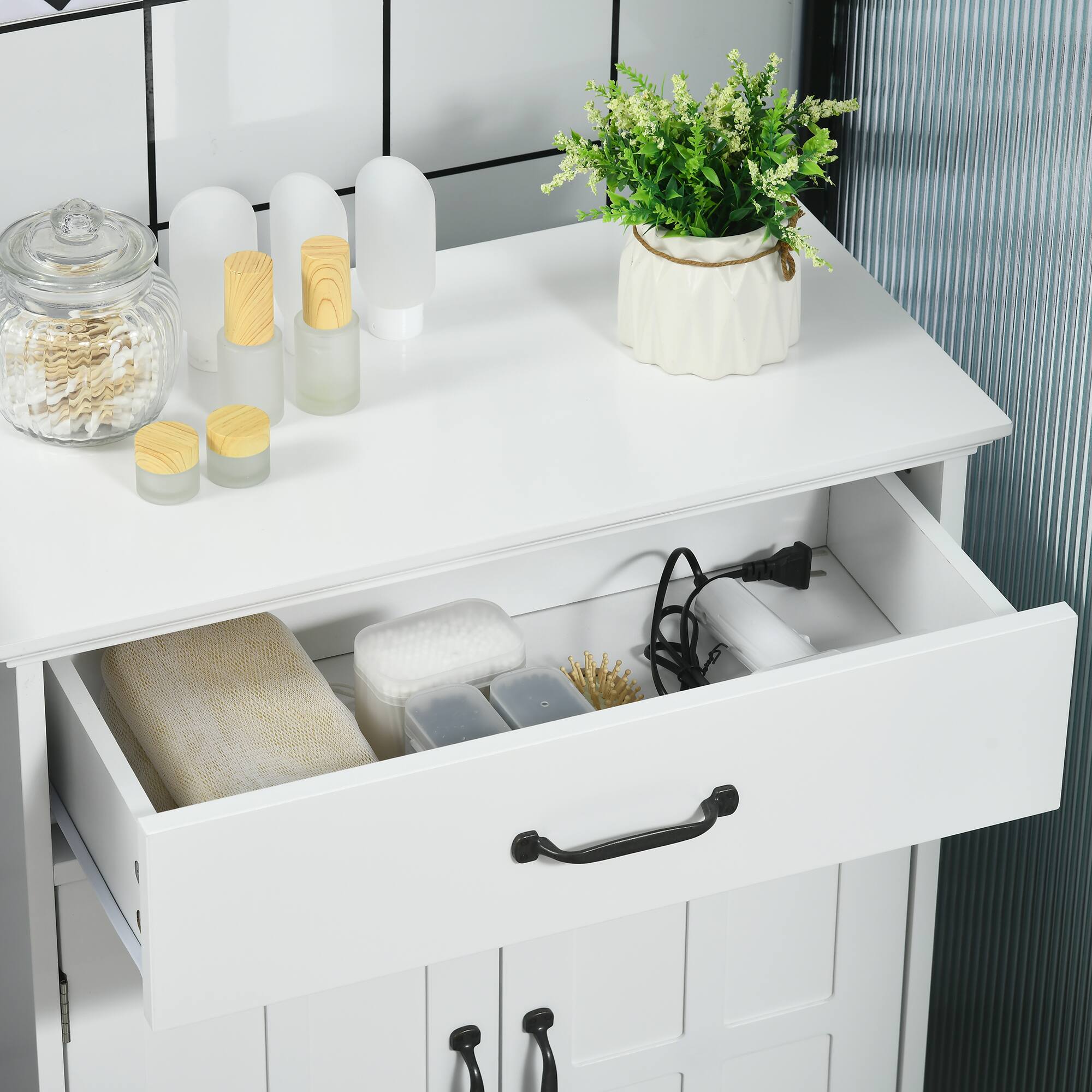 Alt View 7. Kleankin - Freestanding Bathroom Cabinet, Farmhouse Small Storage Cabinet with Storage Drawer, 2 Doors - White.