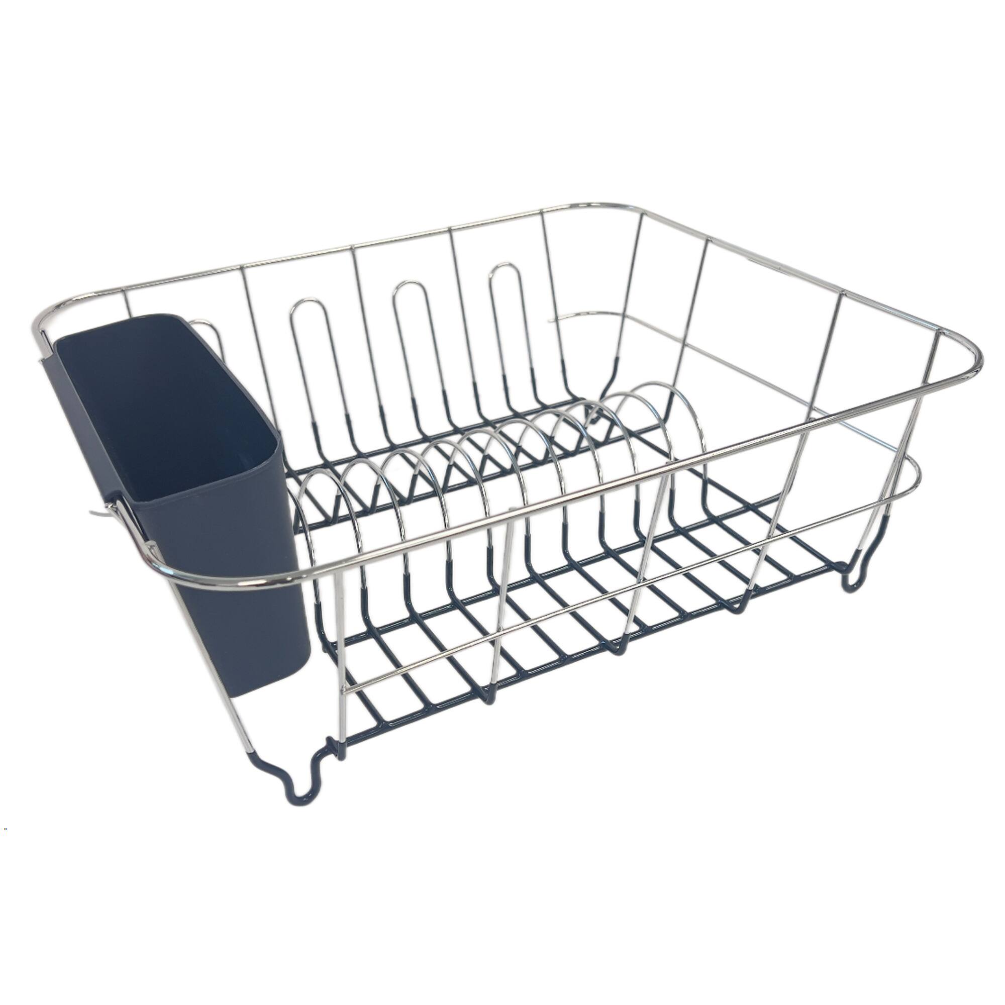 Angle. Sweet Home Collection - Chrome Plated Steel 2-Piece Small Compact Dish Drainer - Navy.