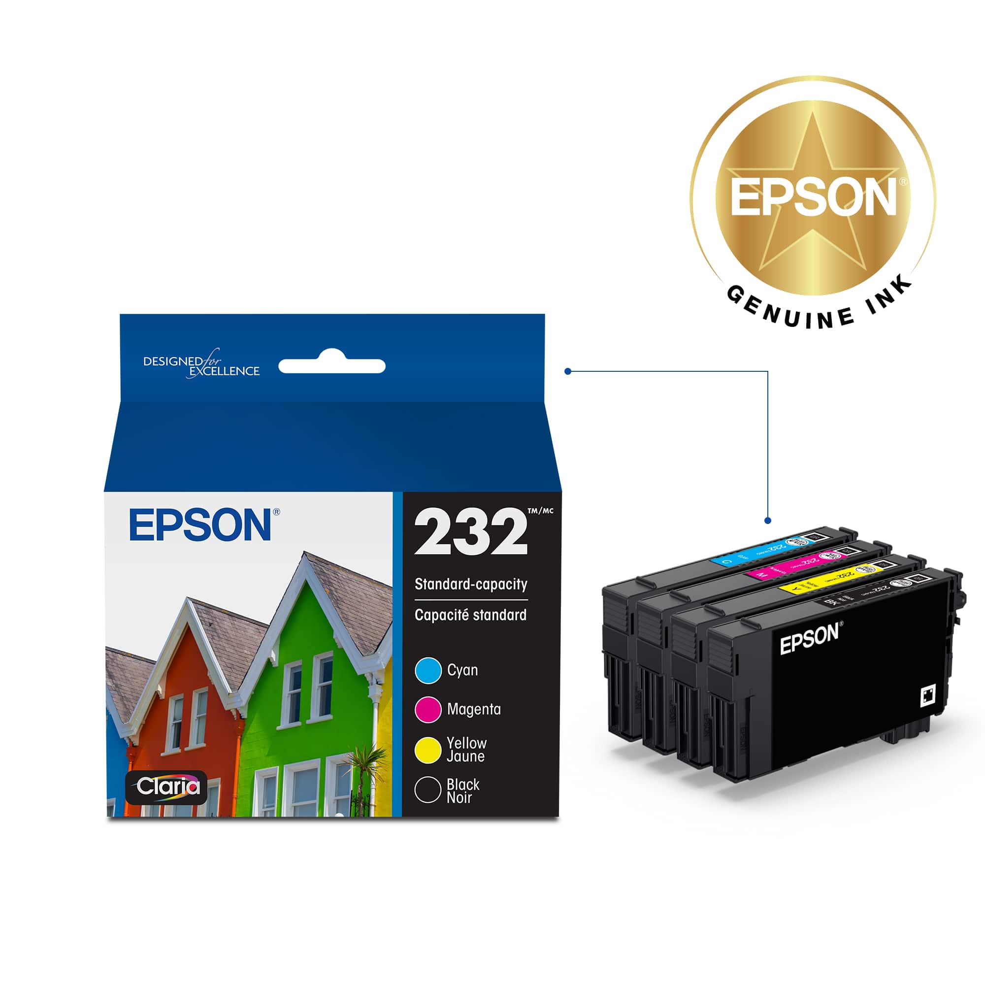 EPSON GENUINE INK 232 Standard-capacity Cartridges: Cyan, Magenta, Yellow, Black.