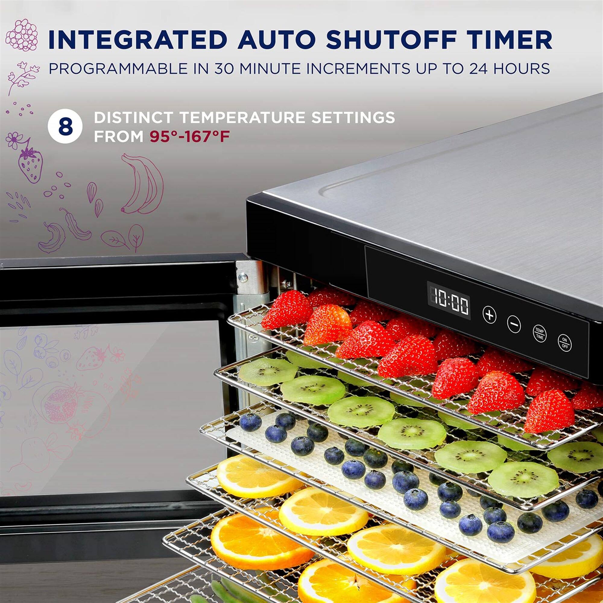 INTEGRATED AUTO SHUTOFF TIMER PROGRAMMABLE IN 30 MINUTE INCREMENTS UP TO 24 HOURS DISTINCT TEMPERATURE SETTINGS 8 FROM 95-167F 10:00 + S