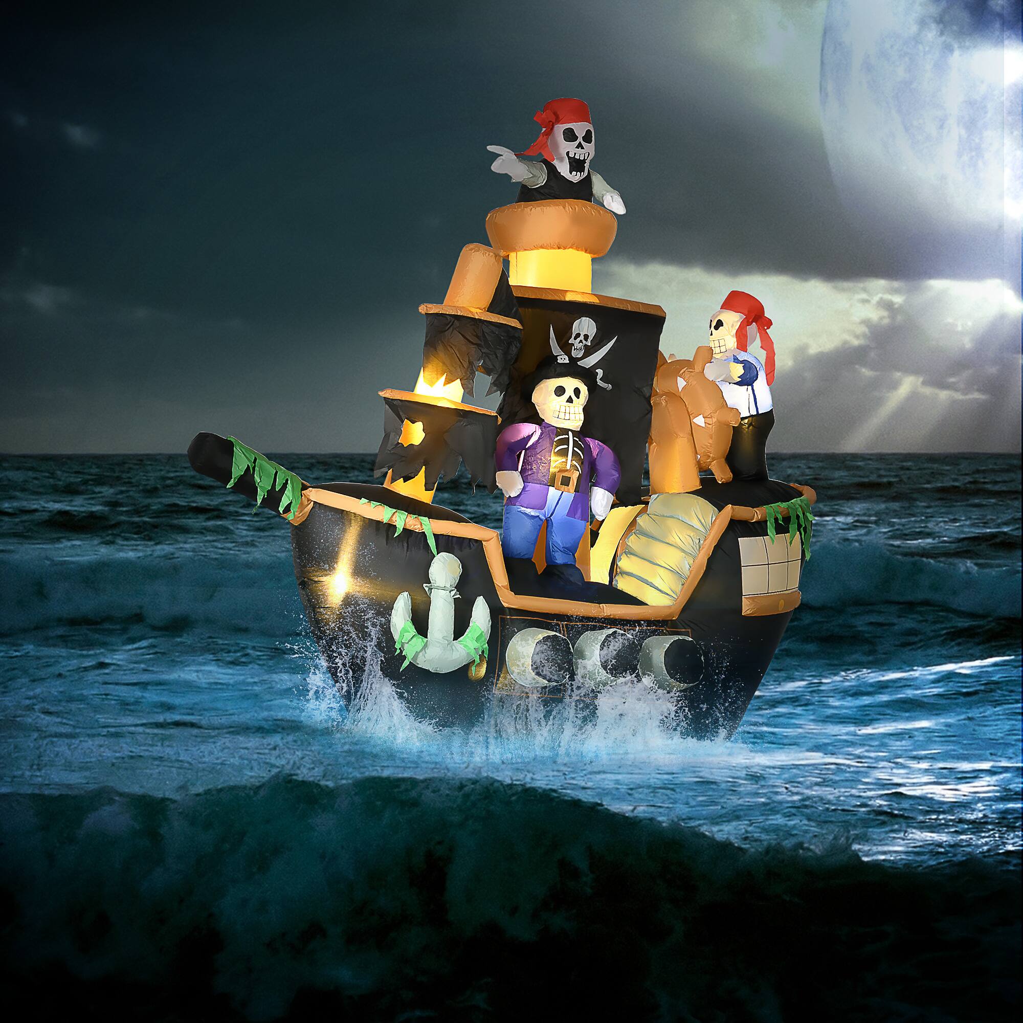 Alt View 1. Homcom - 7ft Halloween Inflatables, Skeleton Pirate Ship, Outdoor Blow Up Yard Decoration with Build-in LED - Black.