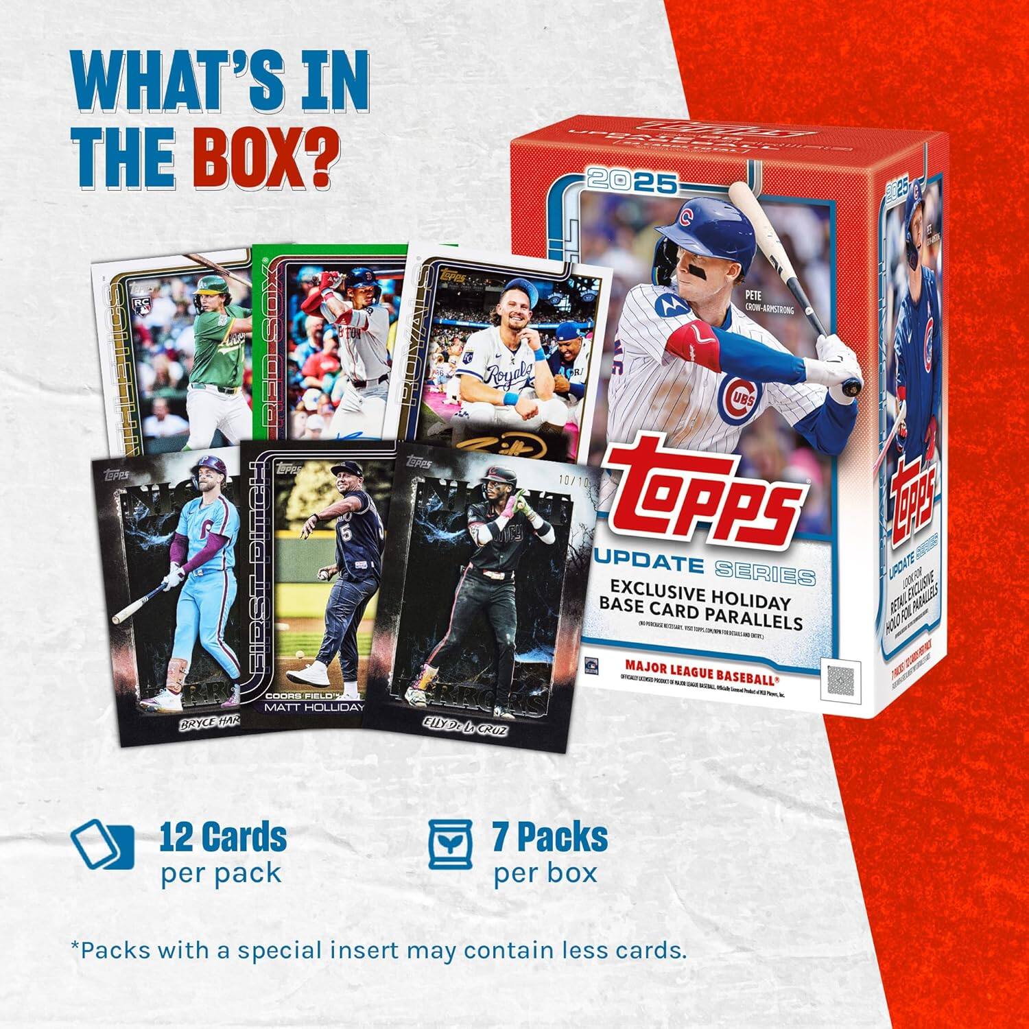 WHAT'S IN THE BOX?

2025 TOPPS  
UPDATE SERIES  
EXCLUSIVE HOLIDAY  
BASE CARD PARALLELS  
MAJOR LEAGUE BASEBALL

12 Cards per pack  
7 Packs per box  
*Packs with a special insert may contain less cards.
