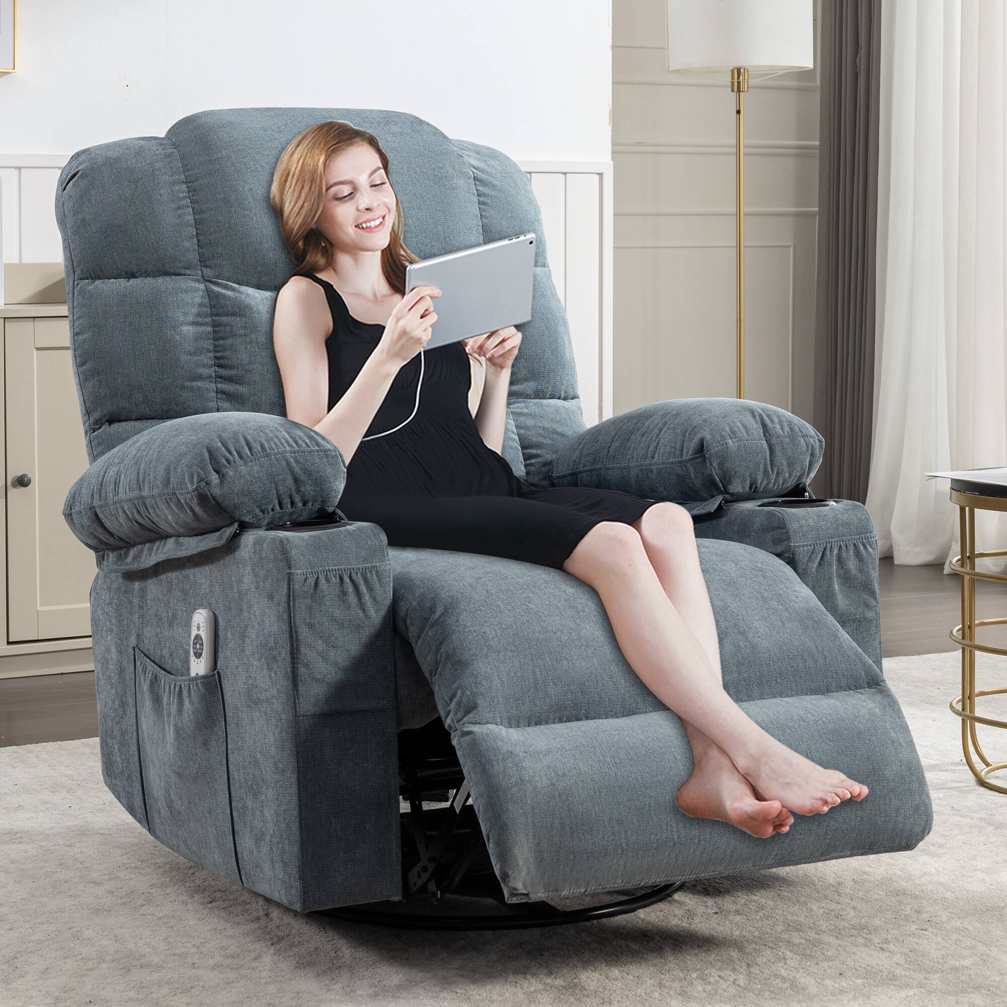 Alt View 2. APRILSOUL - Massage Rocker Recliner Chair Oversized with 2 Cup Holders USB Charge Port Soft Features a Manual Massage and Heat - Blue.