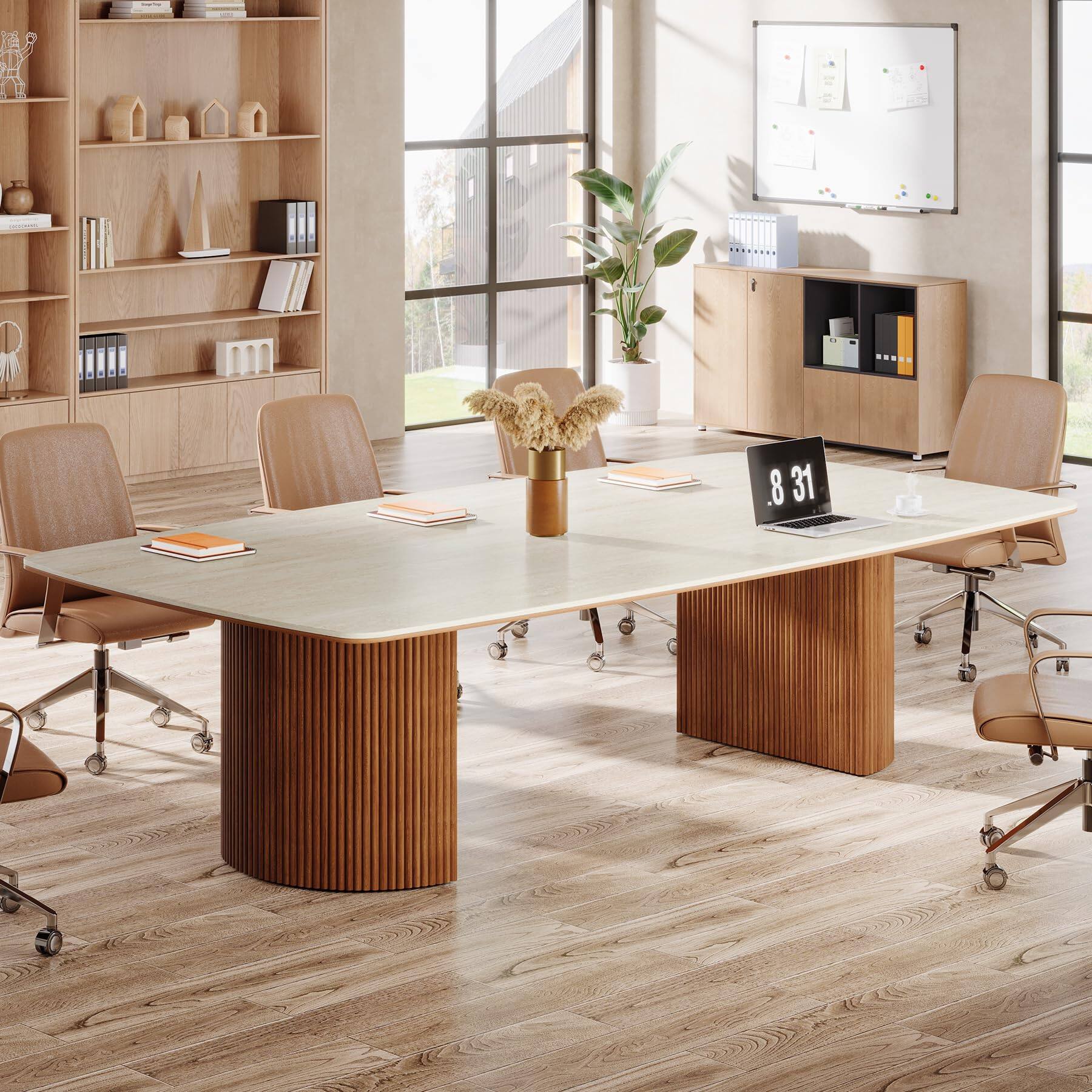 Alt View 2. Tribesigns - 78.7-Inch Rectangular Conference Table with Travertine-Look Top for Office Meeting Rooms - White & Brown.