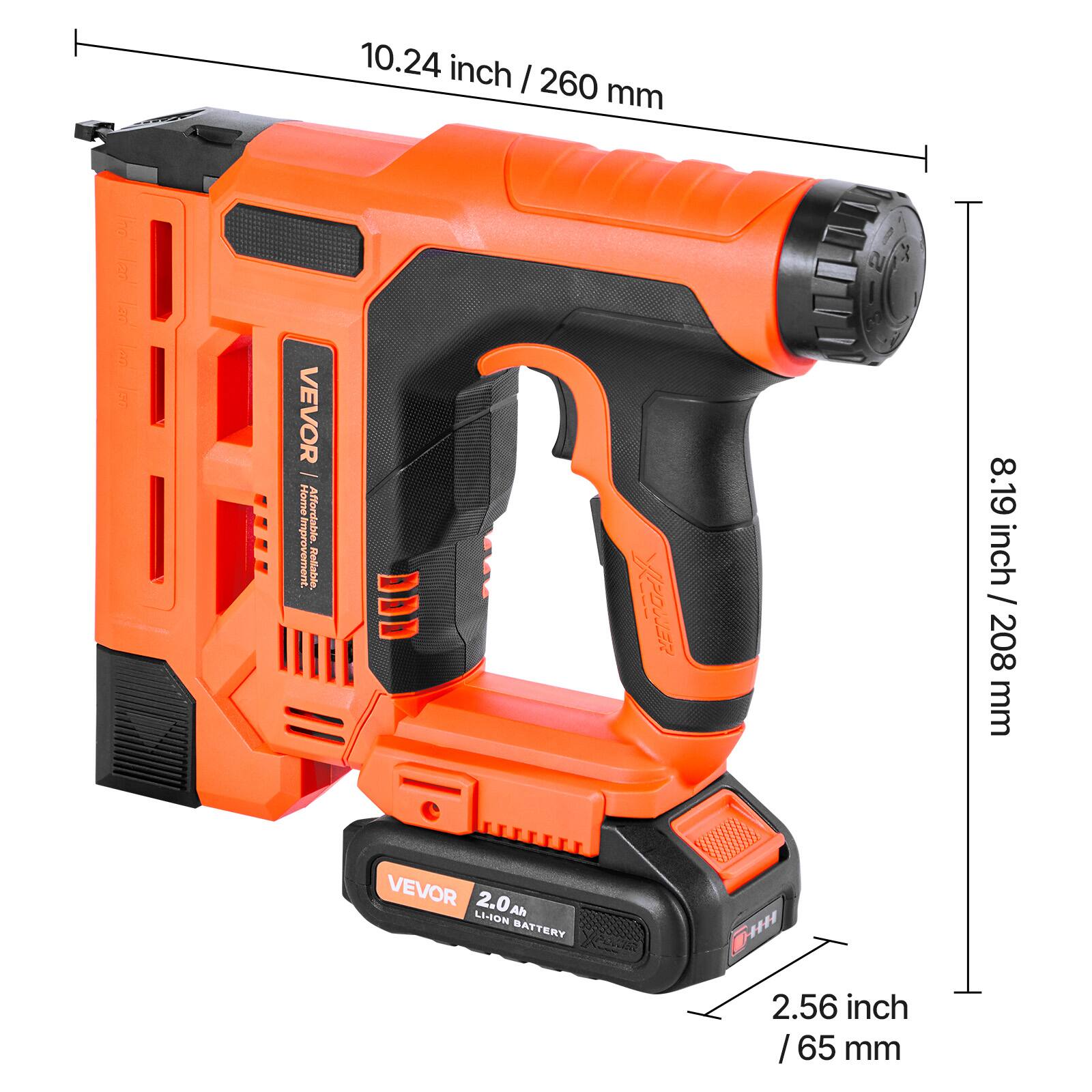 10.24 inch / 260 mm  
8.19 inch / 208 mm  
2.56 inch / 65 mm  
VEVOR Home igaren Affordable  
VEVOR 2.0Ah LI-ION BATTERY