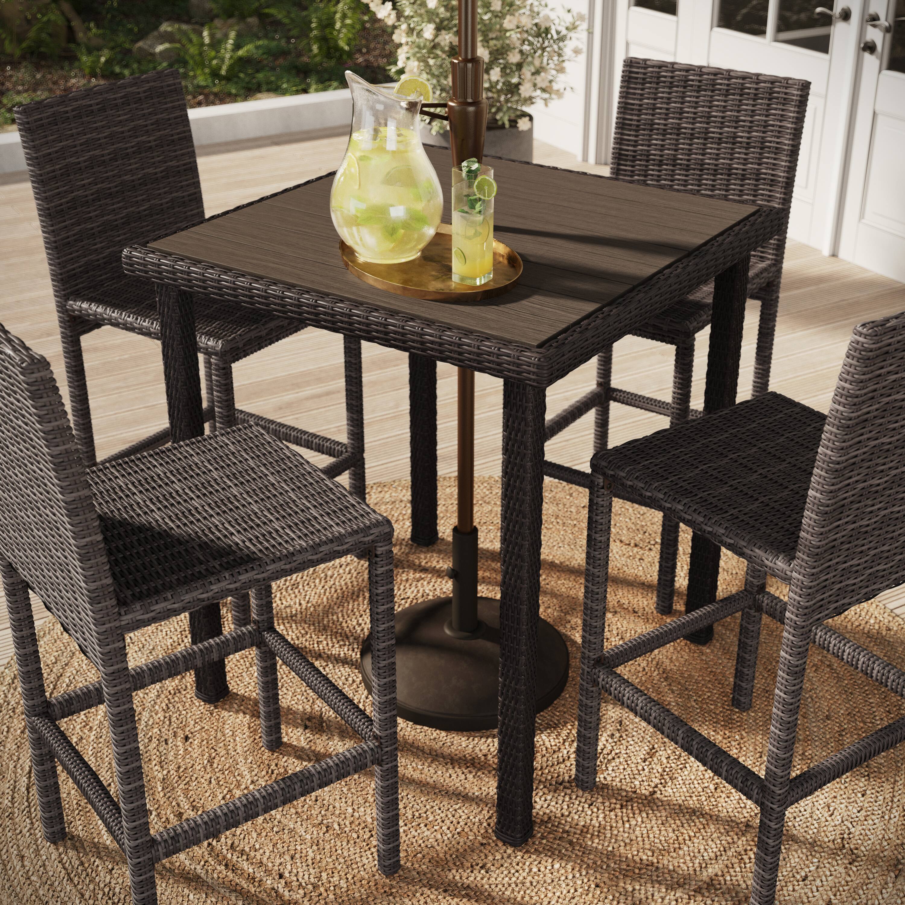 Alt View 4. Martha Stewart - Bedford Outdoor Rattan Wicker Patio Bar Table with Engineered Wood Top - Brown.