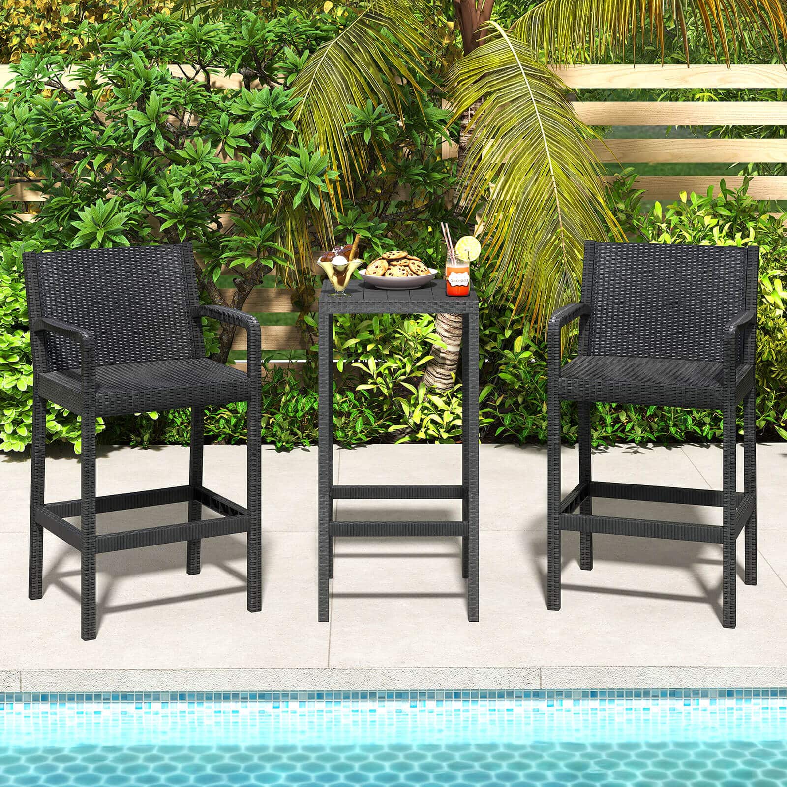 Costway - 3 Pieces Patio Bar Set with 2 Stools & 1 Bar Table Curved Backrest Armrests - Black
