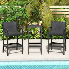 Costway - 3 Pieces Patio Bar Set with 2 Stools & 1 Bar Table Curved Backrest Armrests - Black