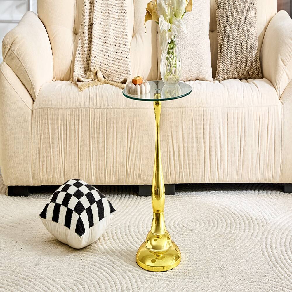 Alt View 9. Loheer - Loheer Small Metal Side Table Round Glass Top Gold End Table - Gold.