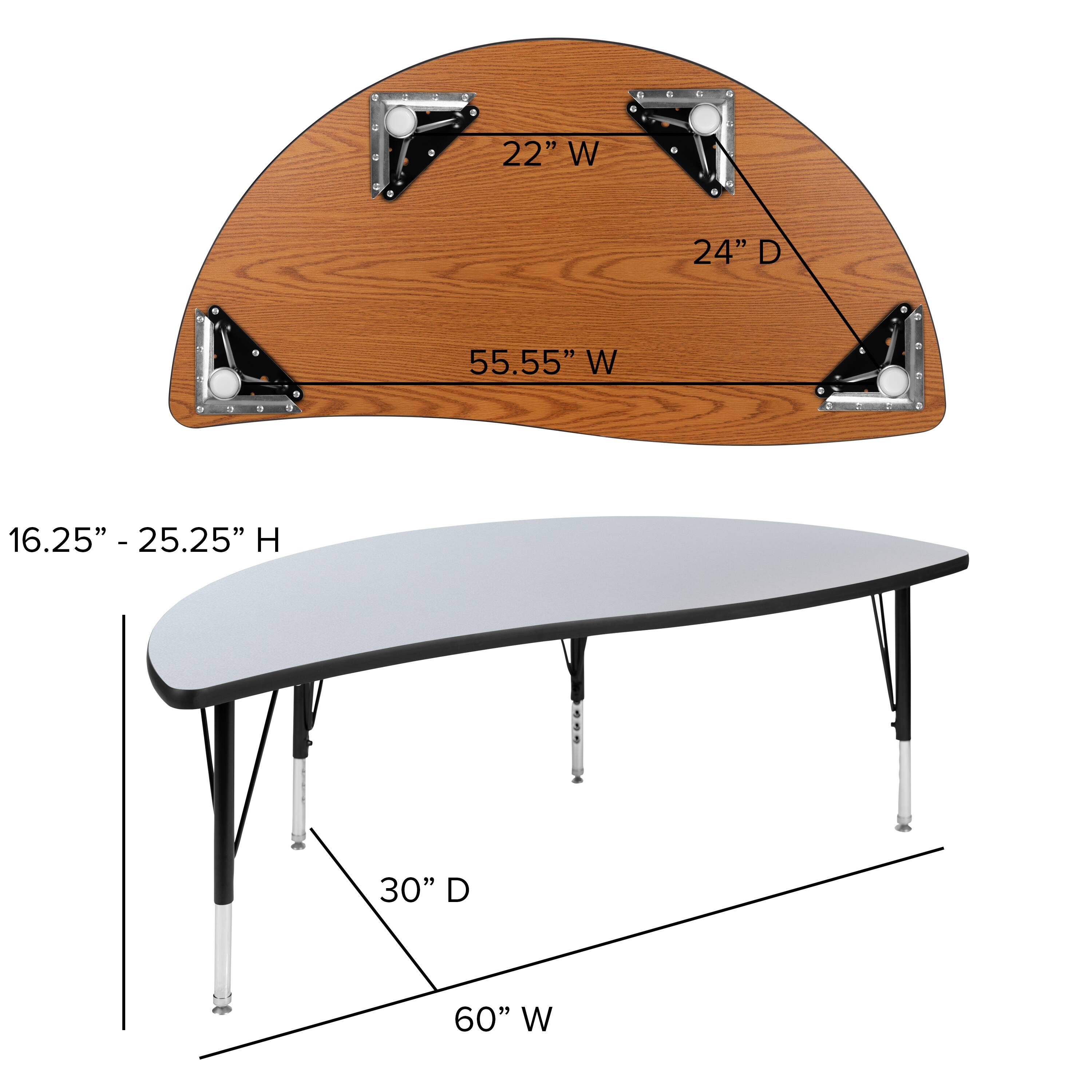 22" W 24" D 55.55" W  
16.25" - 25.25" H  
30" D 60" W