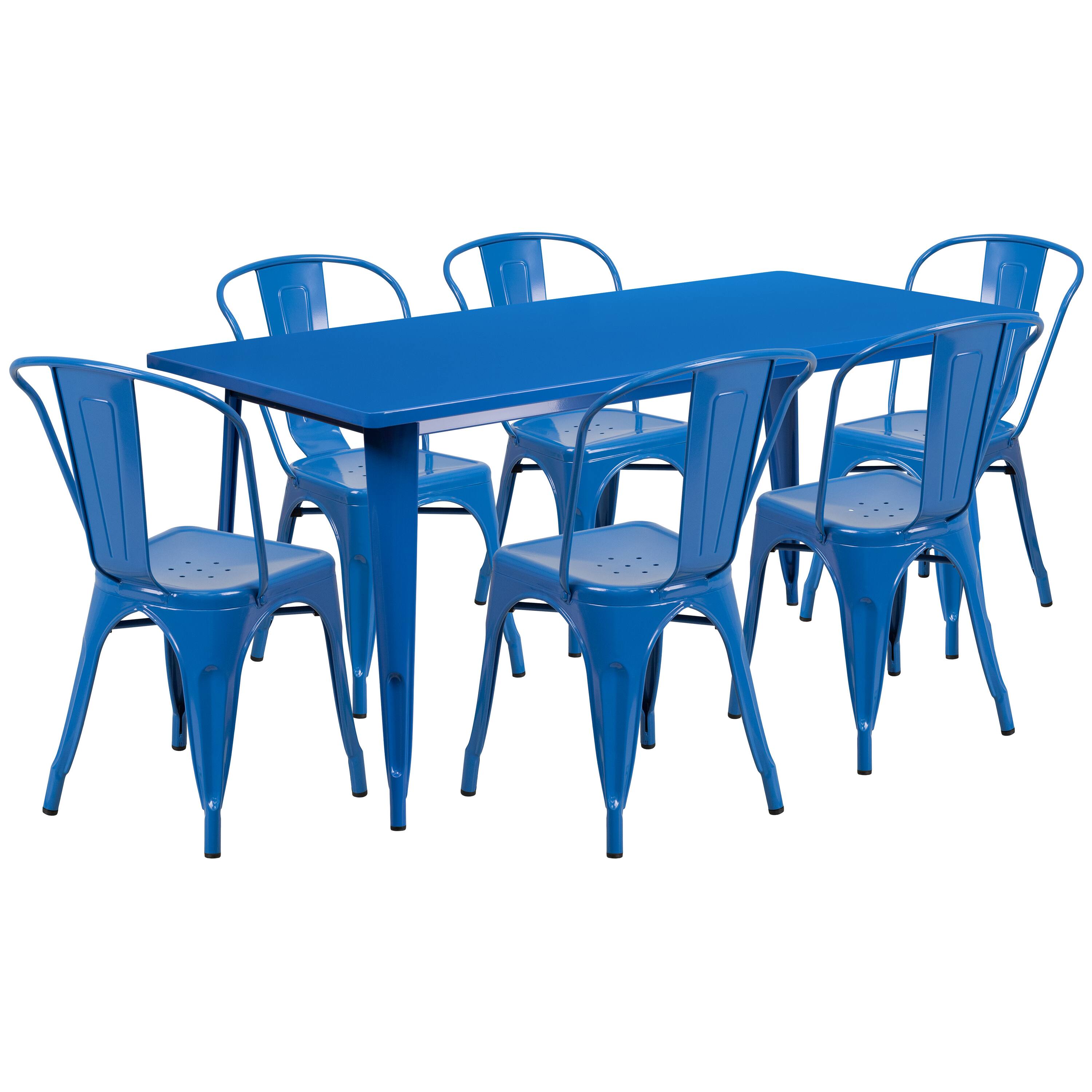 Alt View 1. Emma + Oliver - Commercial Grade Rectangular Metal Indoor-Outdoor Table Set with 6 Stack Chairs - Blue.