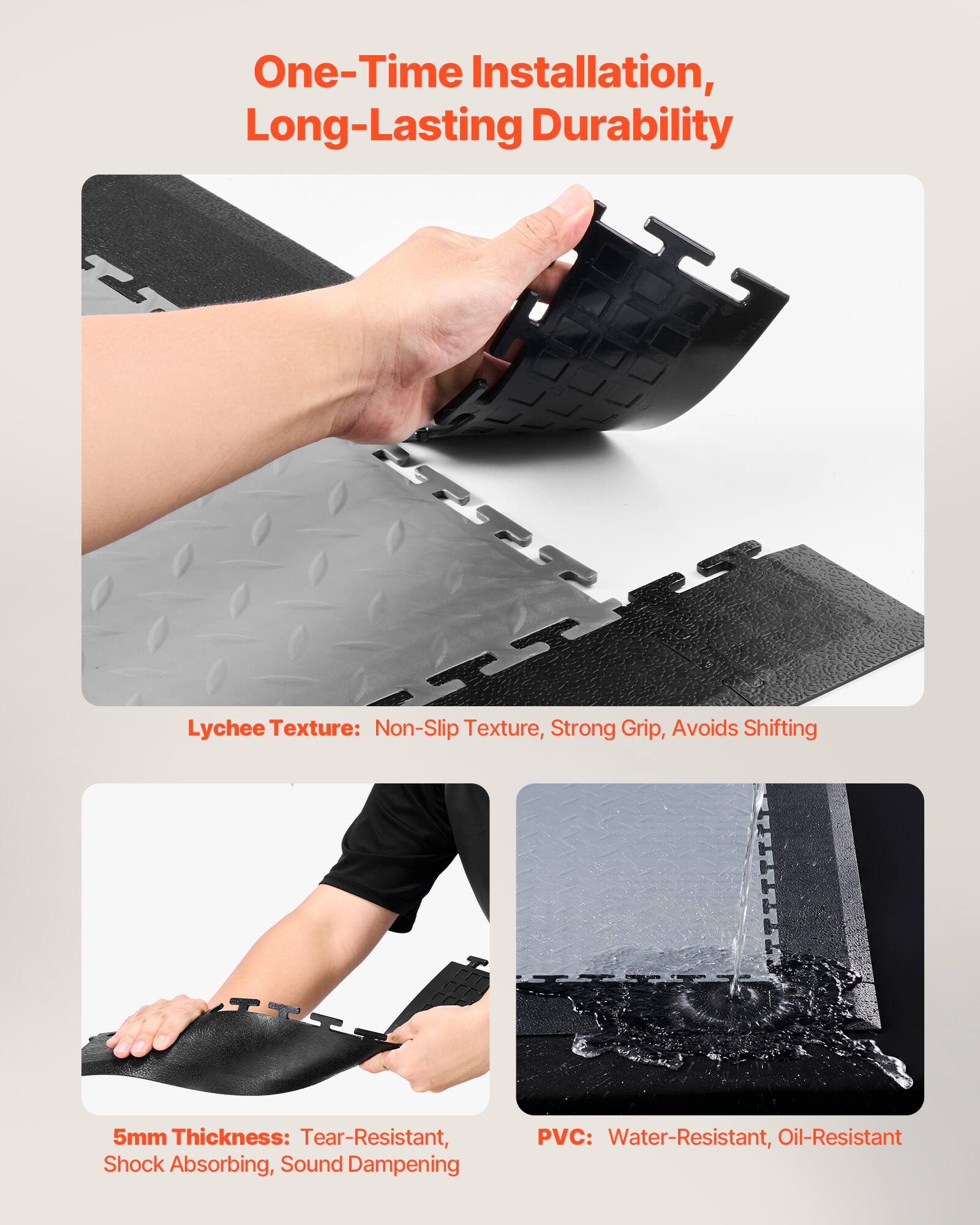 One-Time Installation, Long-Lasting Durability

Lychee Texture: Non-Slip Texture, Strong Grip, Avoids Shifting

5mm Thickness: Tear-Resistant, Shock Absorbing, Sound Dampening

PVC: Water-Resistant, Oil-Resistant