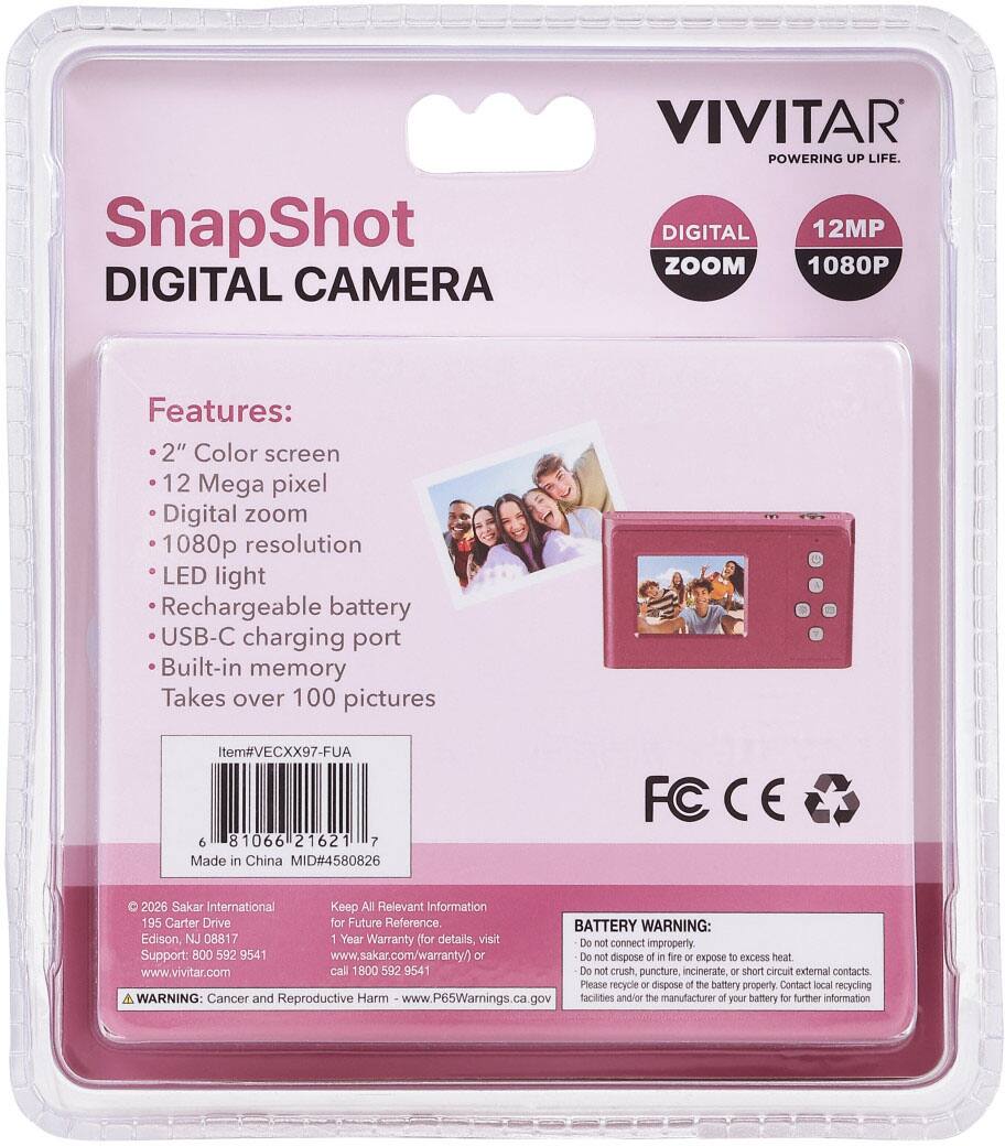 SnapShot DIGITAL CAMERA  
VIVITAR POWERING UP LIFE. DIGITAL 12MP ZOOM 1080P  
Features:  
- 2" Color screen  
- 12 Mega pixel  
- Digital zoom  
- 1080p resolution  
- LED light  
- Rechargeable battery  
- USB-C charging port  
- Built-in memory  
- Takes over 100 pictures  

Item#VECXX97-FUA  
6 81066 21621 7  
Made in China  
MID#4580826  

FC CE  

2026 Sakar International  
195 Carter Drive  
Edison, NJ 08817  
Support: 800 592 9541  
www.sakar.com/warranty/  
www.vivitar.com  

BATTERY WARNING:  
- Do not connect improperly.  
- Do not dispose of in fire or expose to excess heat.  
- Do not crush, puncture, incinerate, or short circuit external contacts.  
- Please recycle or dispose of the battery properly.  
- Contact local recycling facilities and/or the manufacturer of your