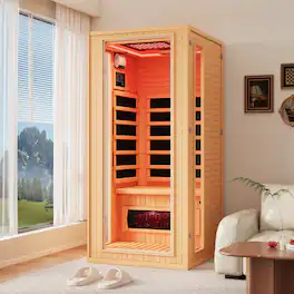 U-HOMY - 1-Person Hemlock Infrared Sauna with Red Light Therapy, Tempered Glass Door & Bluetooth - Wood