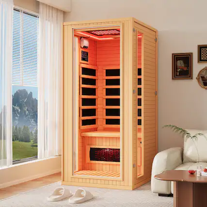Front. U-HOMY - 1-Person Hemlock Infrared Sauna with Red Light Therapy, Tempered Glass Door & Bluetooth - Wood.