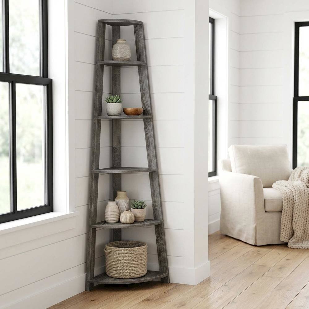 Alt View 1. FurniFact - Weathered Gray 5-Tier Corner Bookshelf with Contemporary Design - Weathered Gray.