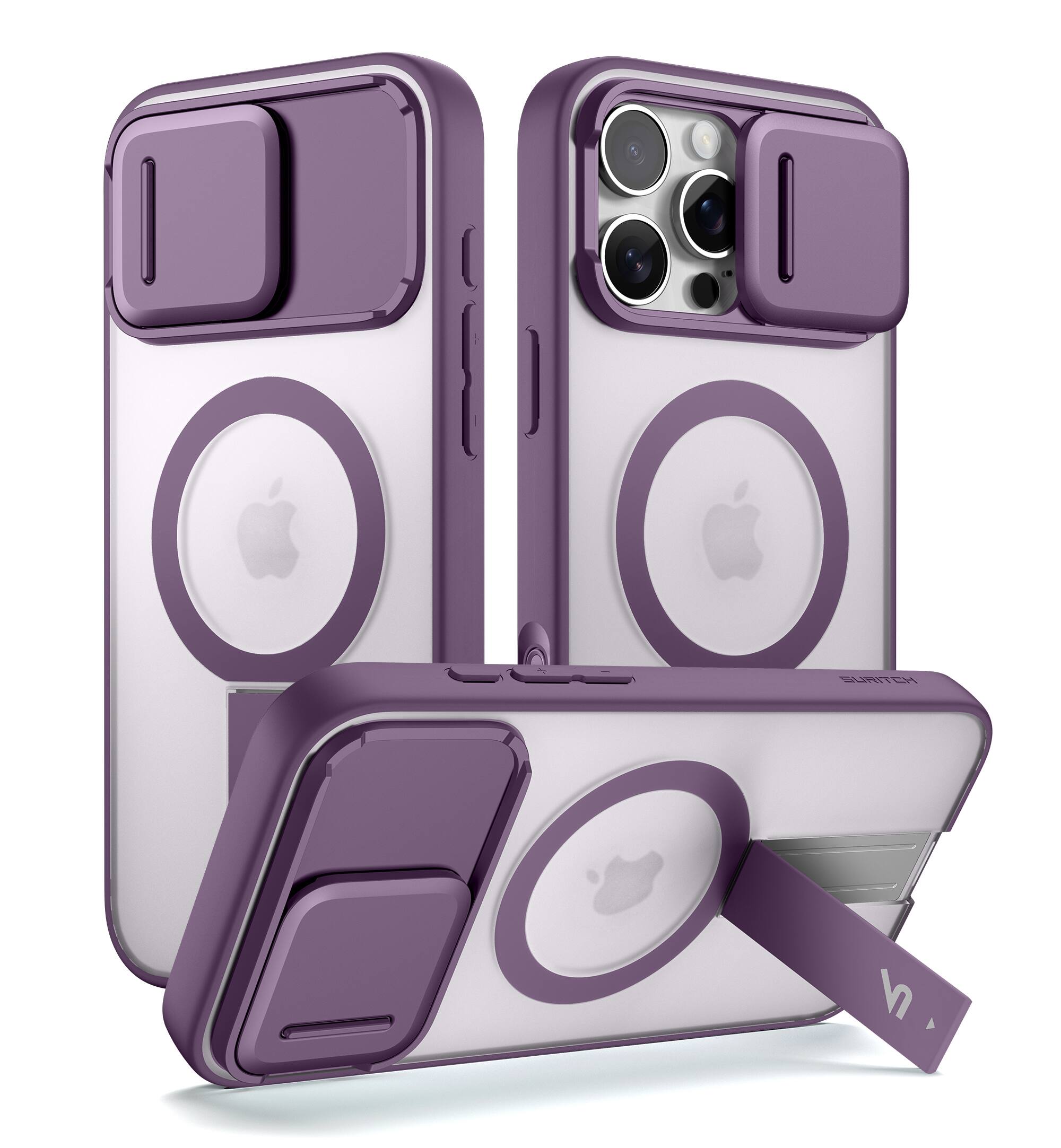 Front. SURITCH - Rugged Case for iPhone 16 Pro, Compatible with MagSafe, Built-in Kickstand & Camera Cover & Translucent Back 6.3 inch - Dark Purple.