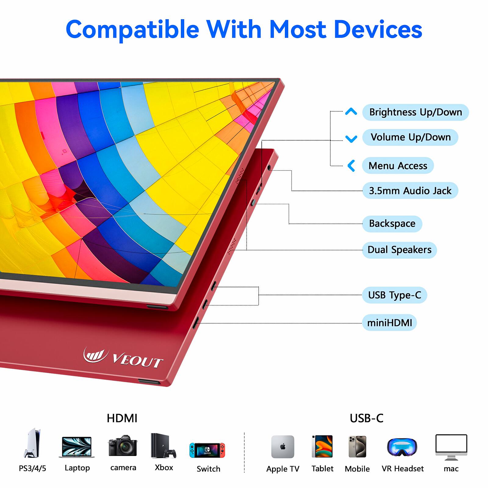 Compatible With Most Devices
Brightness Up/Down
Volume Up/Down
Menu Access
3.5mm Audio Jack
Backspace
Dual Speakers
USB Type-C
miniHDMI
HDMI
USB-C
PS3/4/5
Laptop
camera
Xbox
Switch
Apple TV
Tablet
Mobile
VR Headset
mac