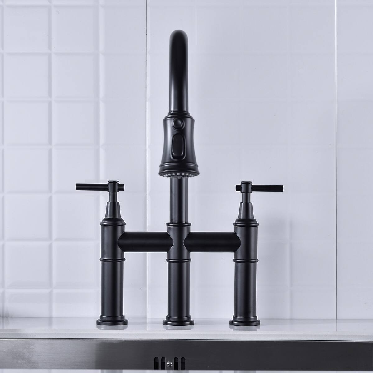 Alt View 6. Ropilly - Ropilly Bridge Kitchen Faucet with Pull Down Spray Head, Matte Black Finish, Dual Handle Brass Kitchen Faucet - Matte Black.