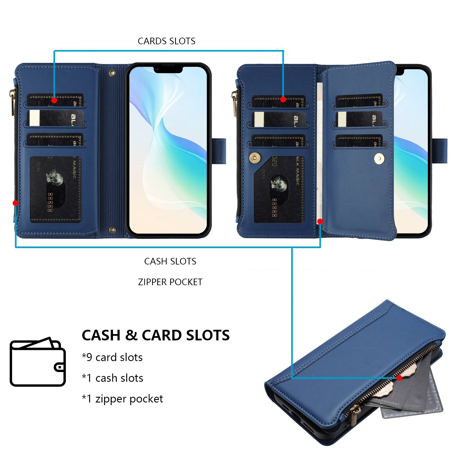 CARDS SLOTS

00 00 DO X
050 88888
KC

CASH SLOTS
ZIPPER POCKET

CASH & CARD SLOTS
*9 card slots
*1 cash slots
*1 zipper pocket