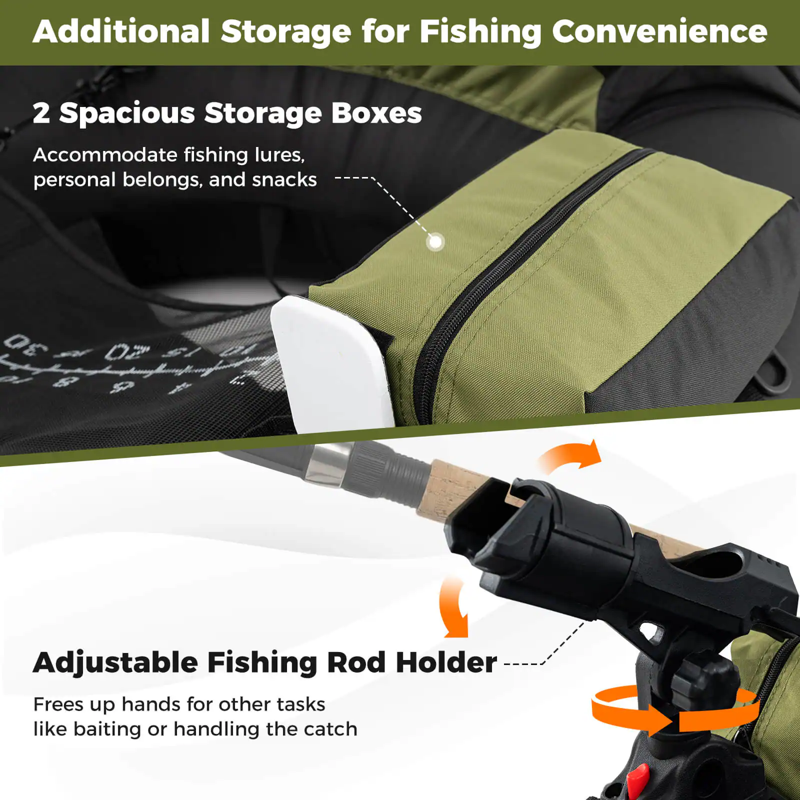 Additional Storage for Fishing Convenience

2 Spacious Storage Boxes  
Accommodate fishing lures, personal belongings, and snacks

Adjustable Fishing Rod Holder  
Frees up hands for other tasks like baiting or handling the catch