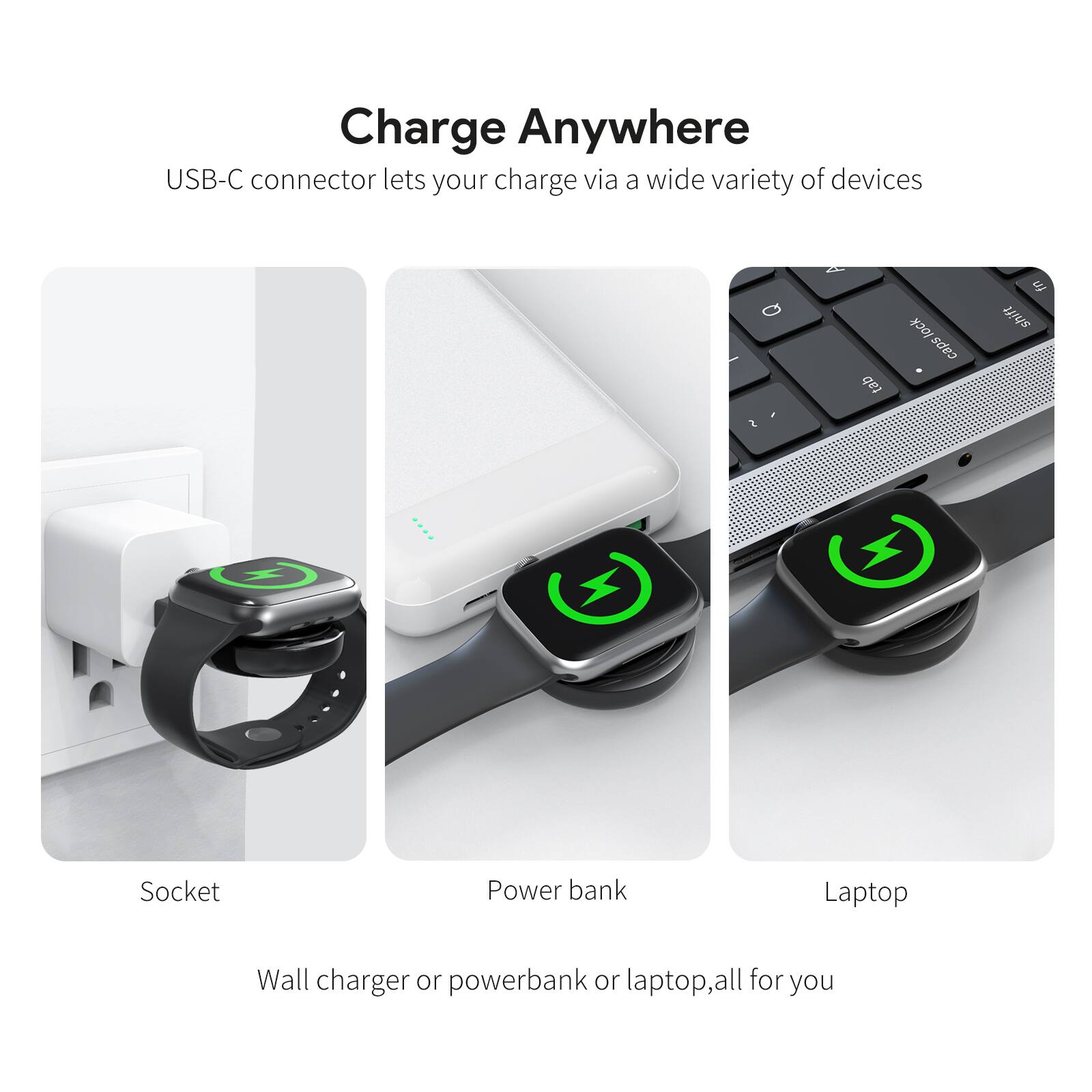 Charge Anywhere

USB-C connector lets your charge via a wide variety of devices

Socket  
Power bank  
Laptop  

Wall charger or powerbank or laptop, all for you