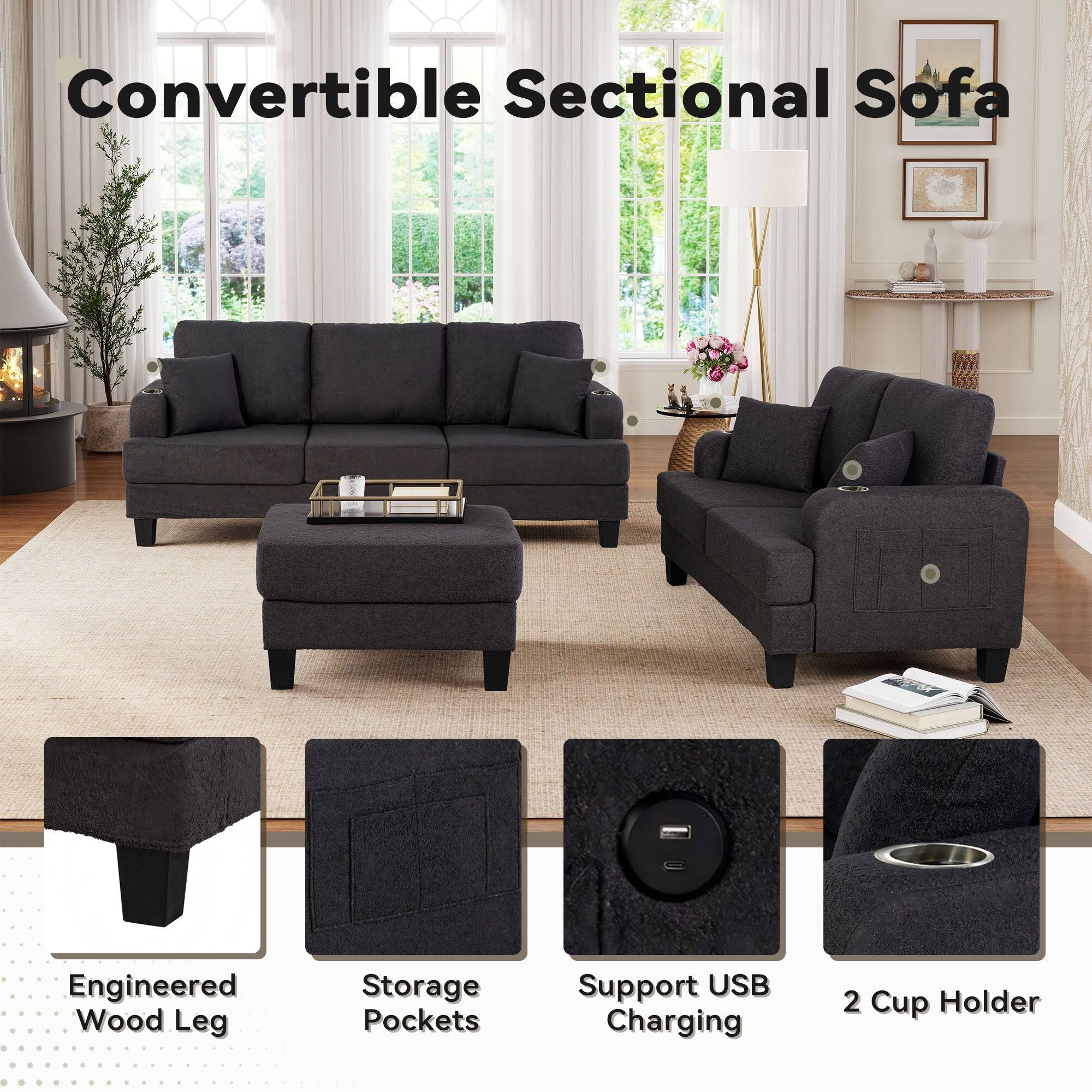 Convertible Sectional Sofa

- Engineered Wood Leg
- Storage Pockets
- Support USB Charging
- 2 Cup Holder