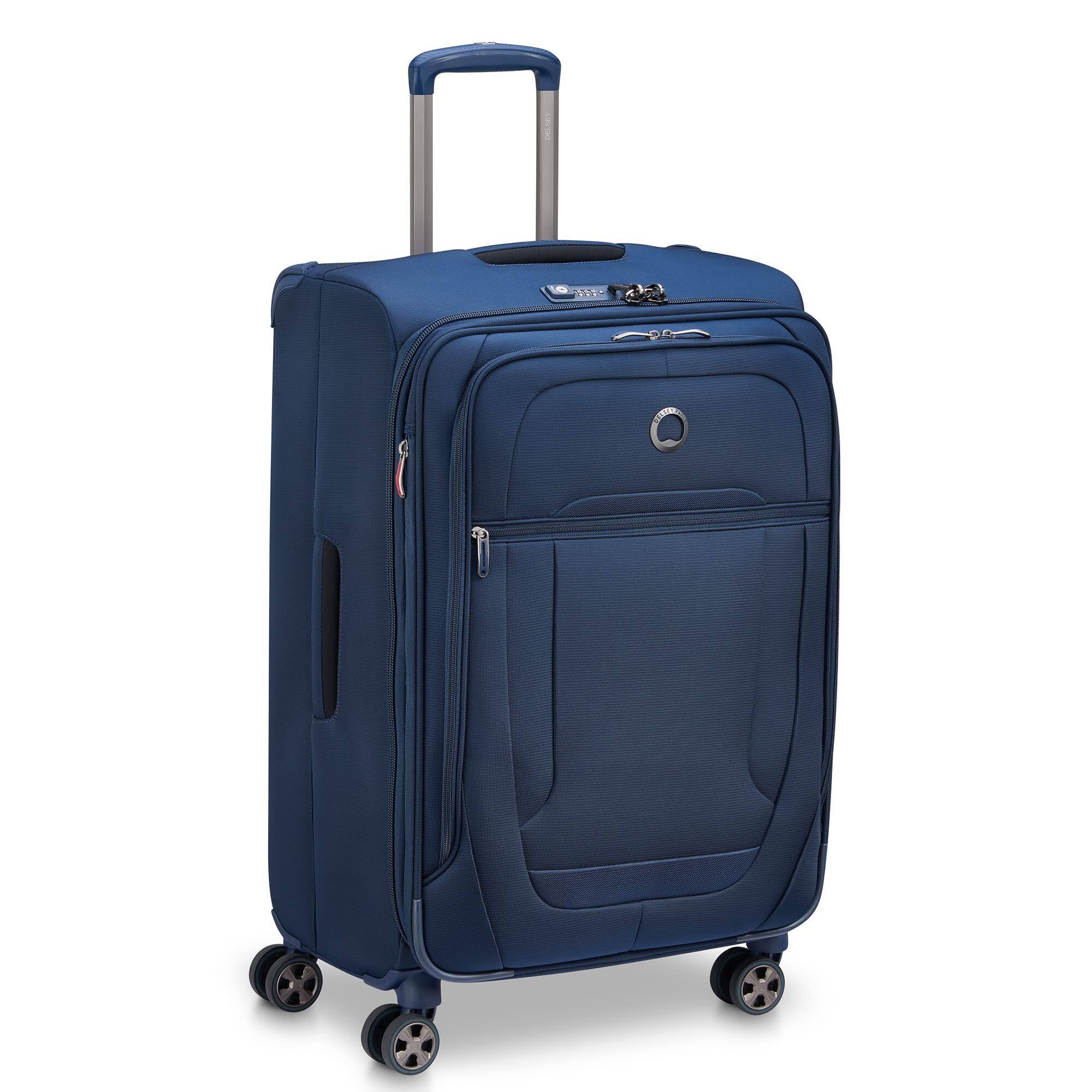 Left. Delsey - Helium DLX 3-Piece Set (20/25/29) Softside Expandable Luggage with Spinner Wheels - Navy Blue.