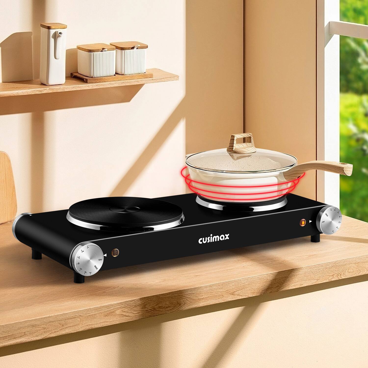 Angle. Cusimax - Stainless Steel Electric 1800W Hot Plate Double Burner For Types Cookware Temper Control Cooktop For Dorm Apt RV - Black.