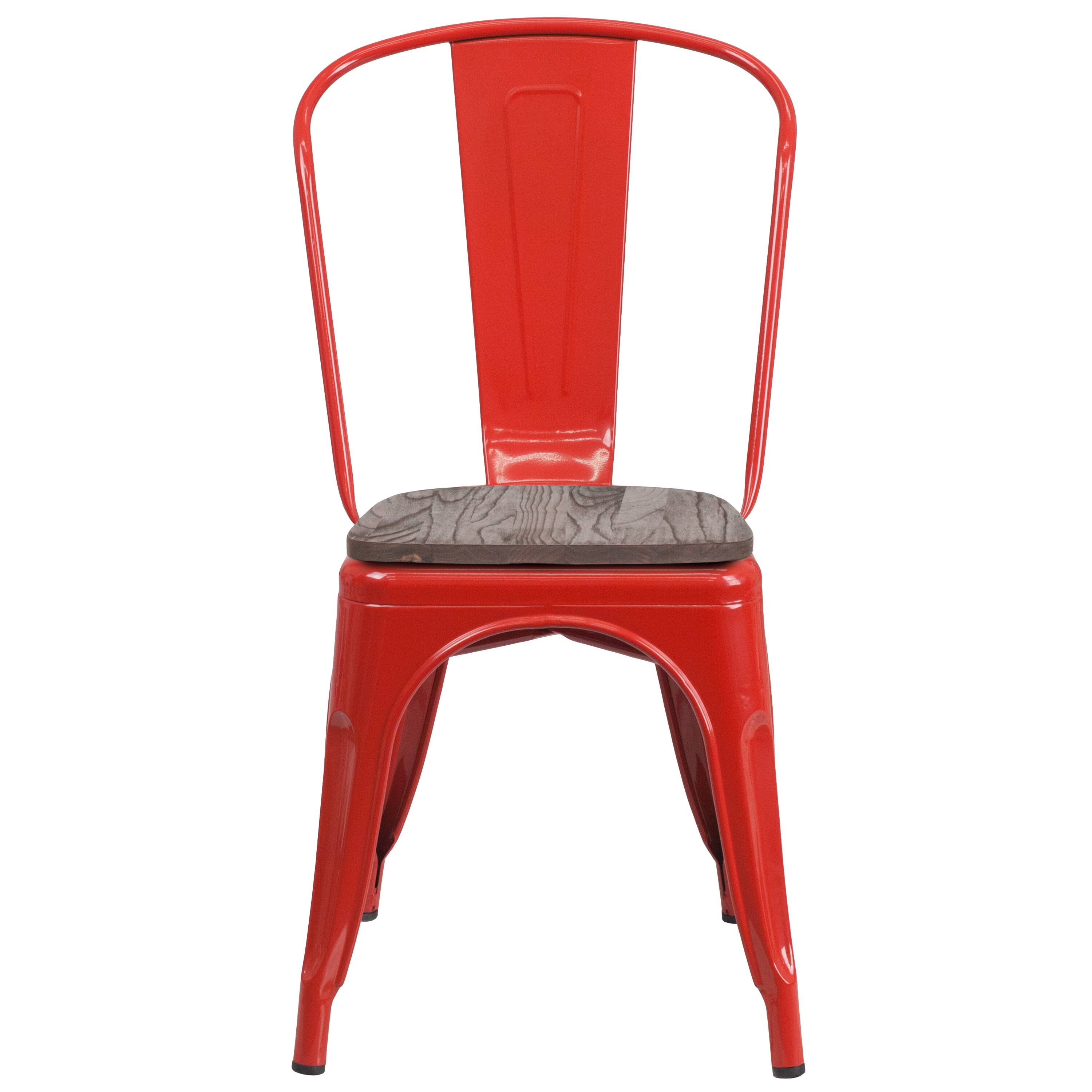 Alt View 3. Emma + Oliver - 4 Pack Metal Stackable Chair with Wood Seat - Red.