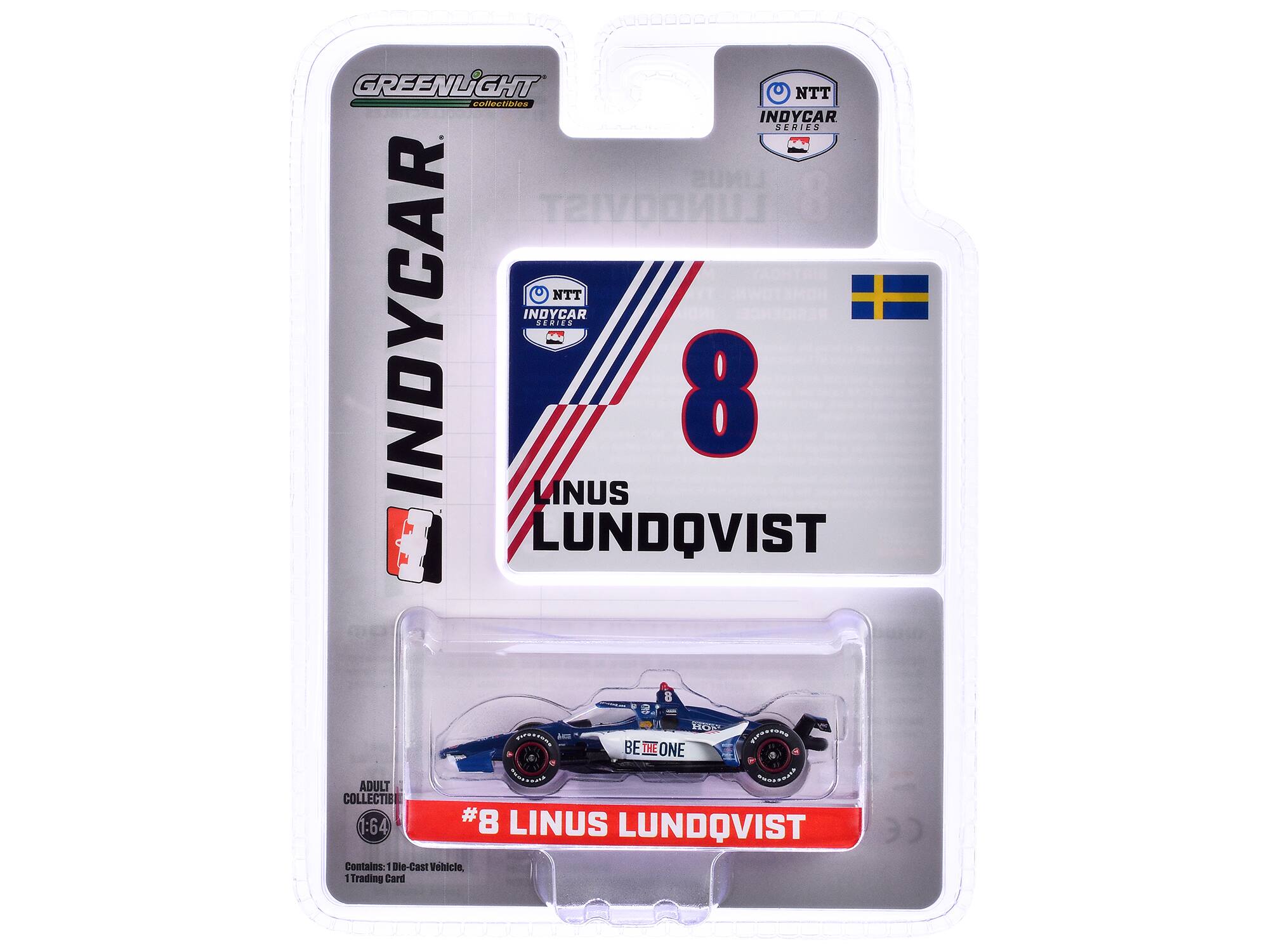 GREENLIGHT Collectibles  
INDYCAR SERIES  
#8 LINUS LUNDQVIST  

Contains:  
- Die-Cast Vehicle  
- Trading Card  

ADULT COLLECTIBLE  
1:64