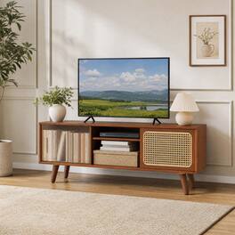 WELLFOR - Modern TV Stand for TVs up to 55" with Rattan& Glass Sliding Doors, Entertainment Center Media Console for Living Room - Brown