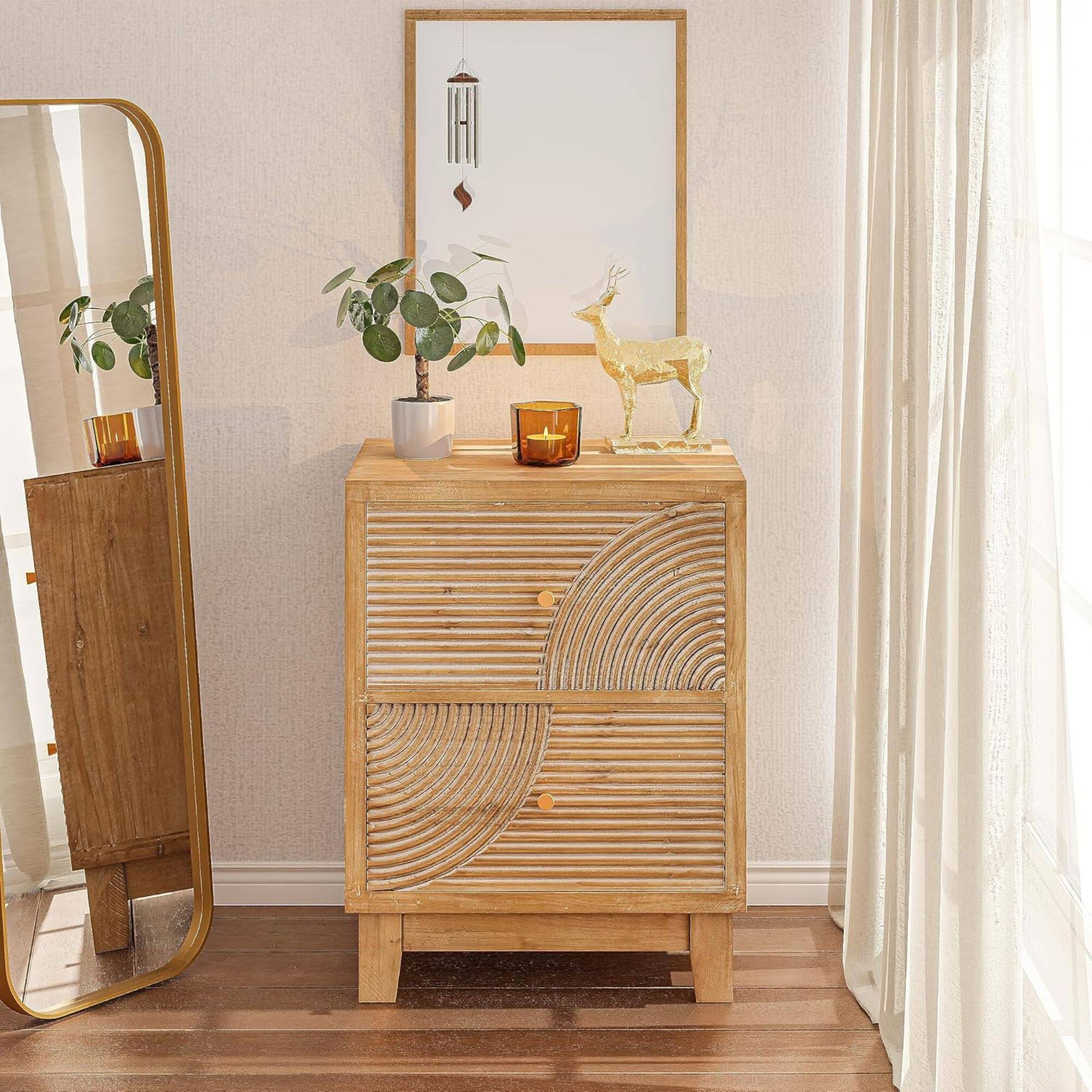 Alt View 5. COZAYH - COZAYH Farmhouse 2 Drawer Nightstand with Handcrafted Wood Ring Pattern, Natural - Natural Wood.
