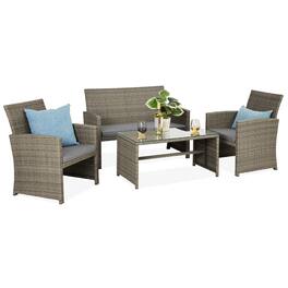 Best Choice Products - 4-Piece Outdoor Wicker Patio Conversation Furniture Set w/ Table, Cushions - Taupe/Cement Gray