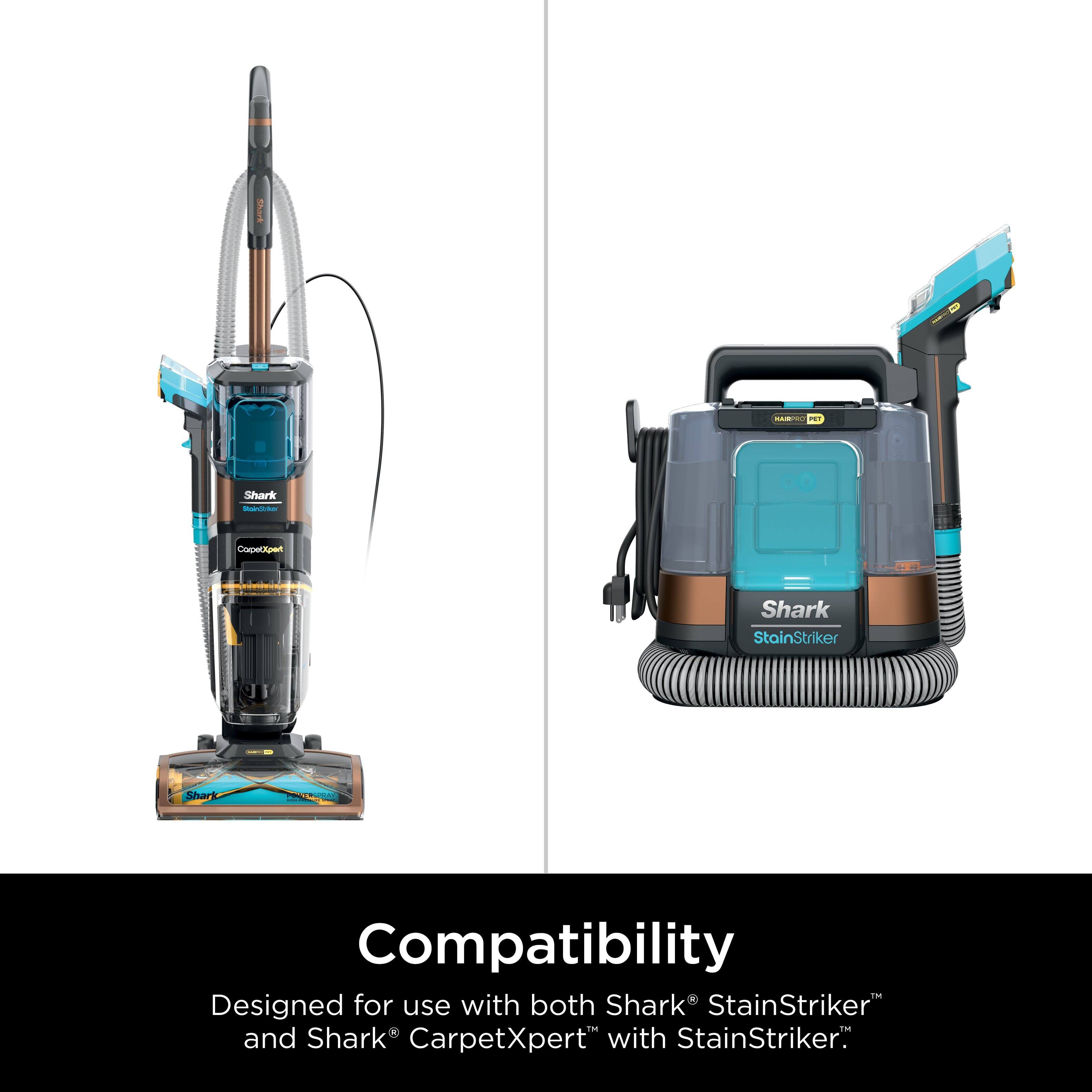 The image features a Shark StainStriker and a Shark CarpetXpert with StainStriker, both designed for compatibility with each other. The Shark StainStriker is a vacuum cleaner, while the Shark CarpetXpert with StainStriker is a carpet cleaner. The image highlights the versatility of these products, allowing users to clean both carpets and hard floors with ease.