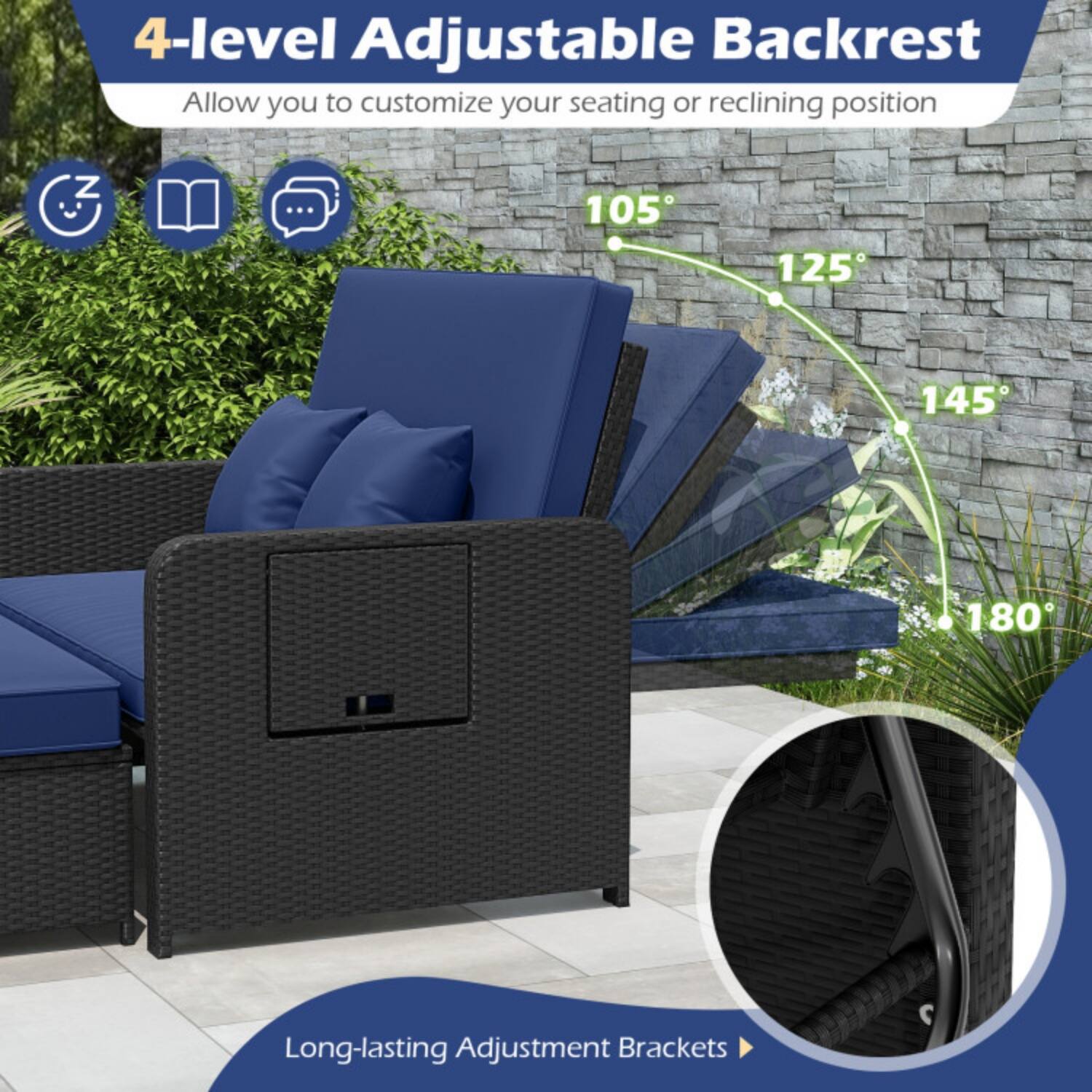 4-level Adjustable Backrest  
Allow you to customize your seating or reclining position  
105° 125° 145° 180°  
Long-lasting Adjustment Brackets