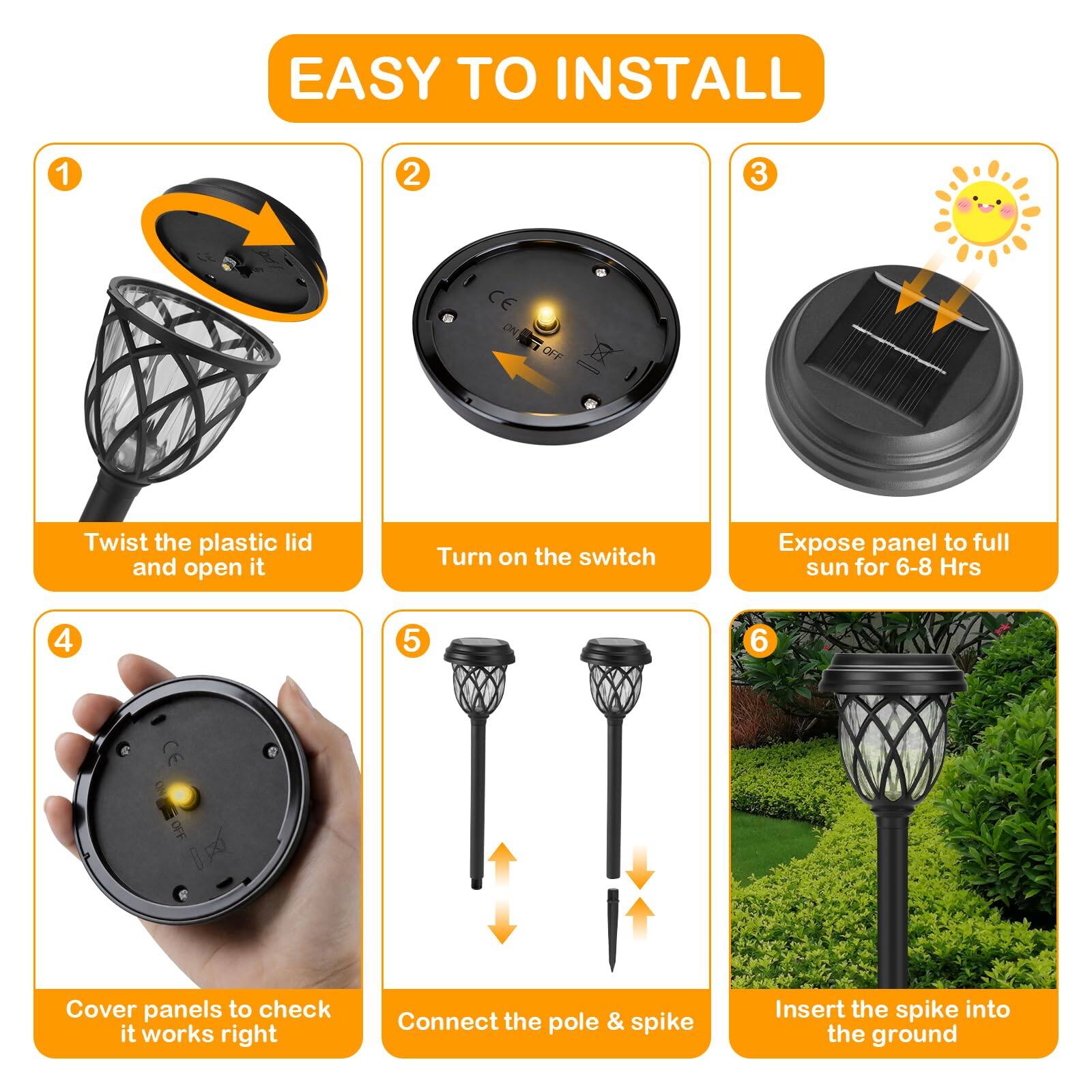 EASY TO INSTALL

1. Twist the plastic lid and open it
2. Turn on the switch
3. Expose panel to full sun for 6-8 Hrs
4. Cover panels to check it works right
5. Connect the pole & spike
6. Insert the spike into the ground