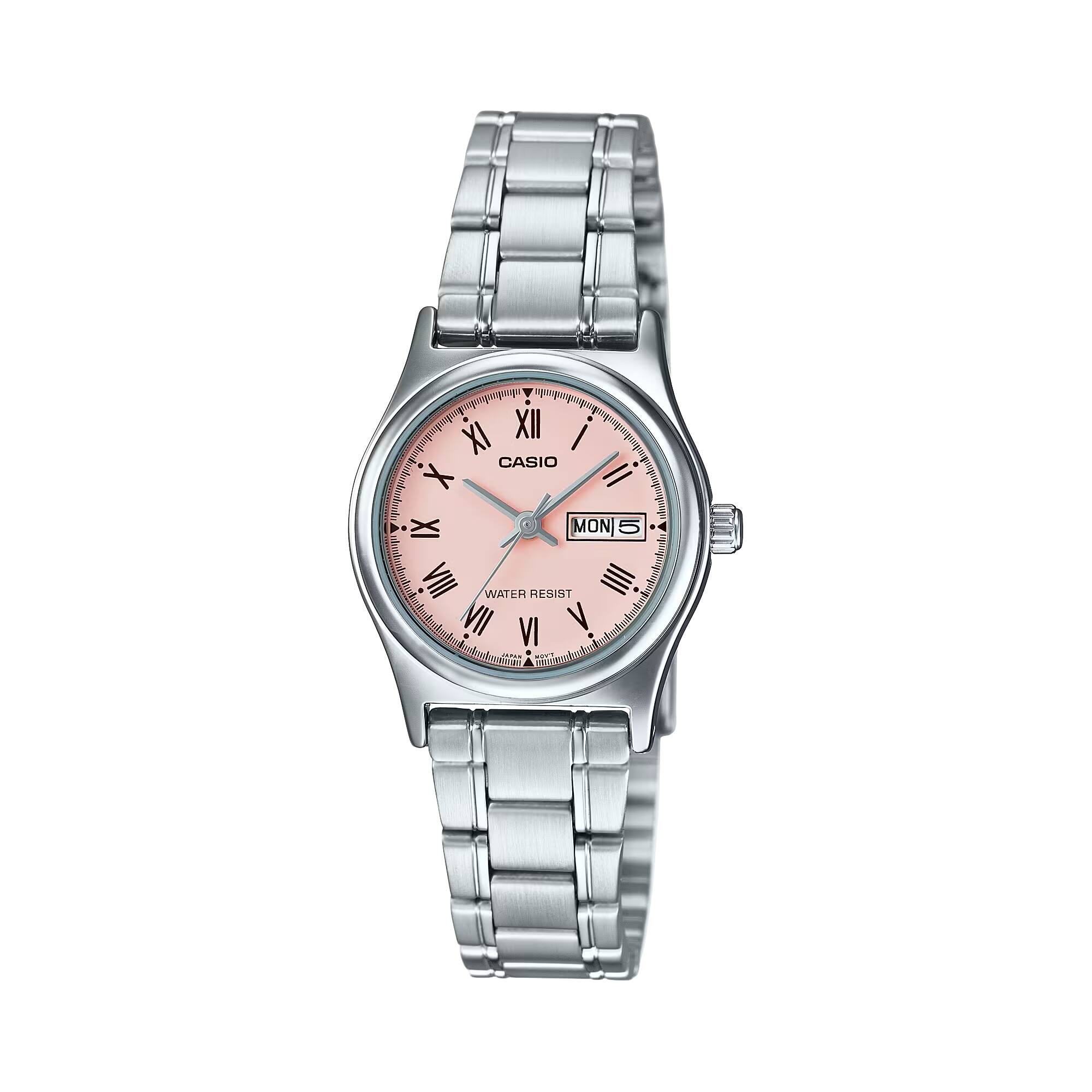 Casio - Women’s Pink Dial Day Date Watch with Bracelet - LTP-V006D-4BUDF - Silver