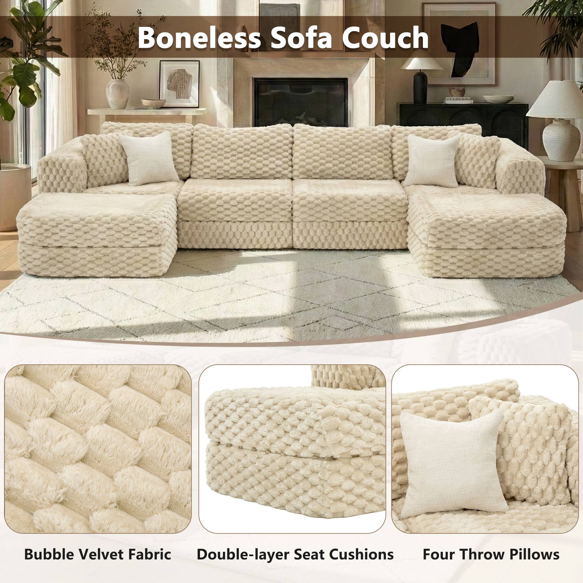 Boneless Sofa Couch

7 Bubble Velvet Fabric Double-layer Seat Cushions Four Throw Pillows