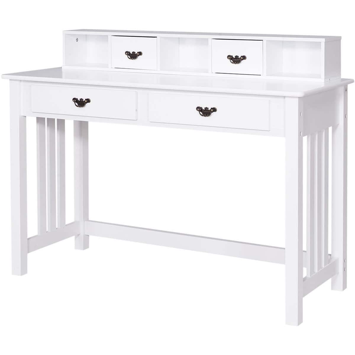 Gymax - Writing Desk with Drawers and Removable Hutch Solid Wood Legs Concise Style - White