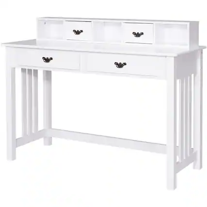 Front. Gymax - Gymax Writing Desk with Drawers and Removable Hutch Solid Wood Legs Concise Style - White.