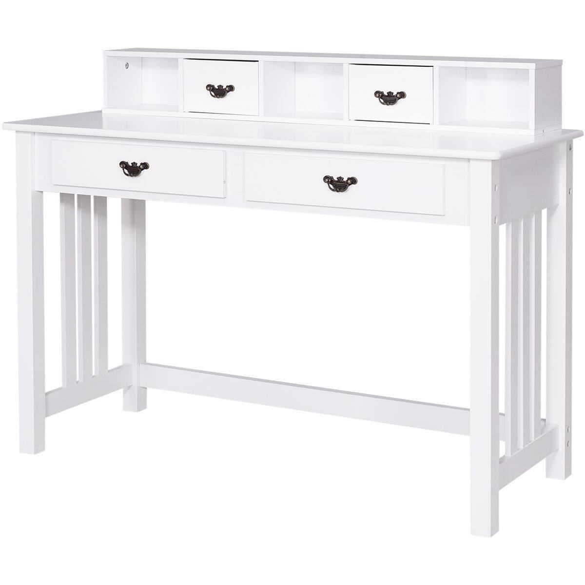 Front. Gymax - Gymax Writing Desk with Drawers and Removable Hutch Solid Wood Legs Concise Style - White.