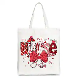 OrnamentallyYou - Valentine Nurse Coquette Bow Canvas Tote Bag, Cupid Favorits Nurse Work Shopper - White