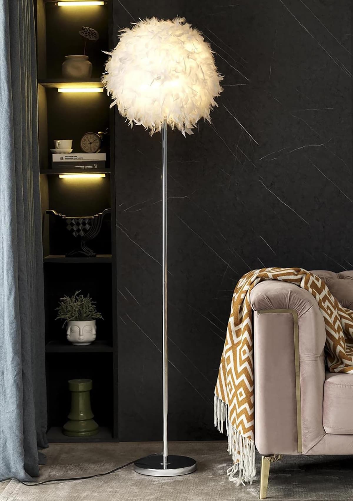 Alt View 1. FINEAK - Elegant White Feather Floor Lamp - Standing Lamp with In-Line On/Off Switch - White.