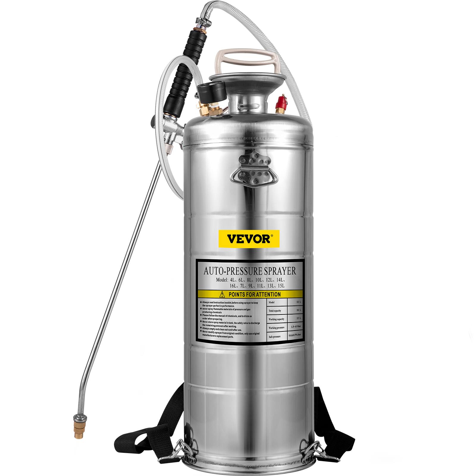 VEVOR AUTO-PRESSURE SPRAYER  
Model: 4L, 6L, 8L, 10L, 12L, 14L, 7L, 13L, 15L  

POINTS FOR ATTENTION  
- Always read the instruction manual before use.  
- Do not use the sprayer for flammable liquids.  
- Do not use the sprayer for corrosive liquids.  
- Do not use the sprayer for liquids that can cause skin irritation.  
- Do not use the sprayer for liquids that can cause eye irritation.  
- Do not use the sprayer for liquids that can cause respiratory irritation.  
- Do not use the sprayer for liquids that can cause allergic reactions.  
- Do not use the sprayer for liquids that can cause skin burns.  
- Do not use the sprayer for liquids that can cause eye burns.  
- Do not use the sprayer for liquids that can cause respiratory burns.  
- Do not use the sprayer for liquids that can cause allergic reactions.  
- Do not use the sprayer for liquids that can cause skin burns.  
- Do not use the sprayer for liquids that can cause eye burns.  
- Do