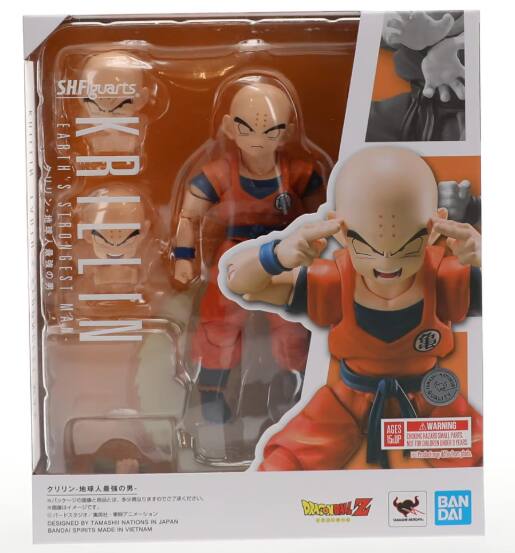 SH.Figuarts  
K.R.LLIN  
STRONGEST KRILLIN  
DESIGNED BY TAMASHI NATIONS IN JAPAN  
BANDAI SPIRITS MADE IN VIETNAM  

DRAGONIUM  
AGES A WARNING CHOKING HAZARD - SMALL PARTS  
JIANG PARSE 15.0P  
NO 18 YERLILIKI UNDER YEARS BAN PASSUDID NUCAS: DAI