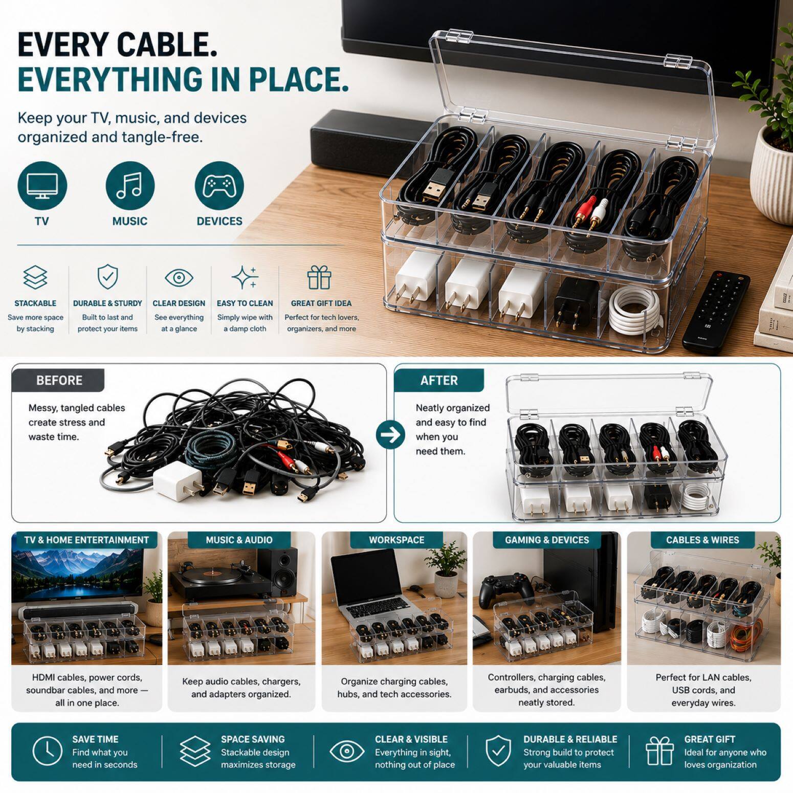 EVERY CABLE. EVERYTHING IN PLACE.

Keep your TV, music, and devices organized and tangle-free.

TV MUSIC DEVICES

STACKABLE DURABLE & STURDY CLEAR DESIGN EASY TO CLEAN GREAT GIFT IDEA

Save more space by stacking. Built to last and protect your items. See everything at a glance. Simply wipe with a damp cloth. Perfect for tech lovers and more.

BEFORE
Messy, tangled cables create stress and waste time.

AFTER
Neatly organized and easy to find when you need them.

TV & HOME ENTERTAINMENT
HDMI cables, power cords, soundbar cables, and more all in one place.

MUSIC & AUDIO
Keep audio cables, chargers, and adapters organized.

WORKSPACE
Organize charging cables, hubs, and tech accessories.

GAMING & DEVICES
Controllers, charging cables, earbuds, and accessories neatly stored.

CABLES & WIRES
Perfect for LAN cables, USB cords, and everyday wires.

SAVE TIME
Find what you need in seconds

SPACE SAVING
Stackable design maximizes storage

CLEAR & VISIBLE
Everything in sight, nothing out of place

DURABLE & RELIABLE
Strong build to protect