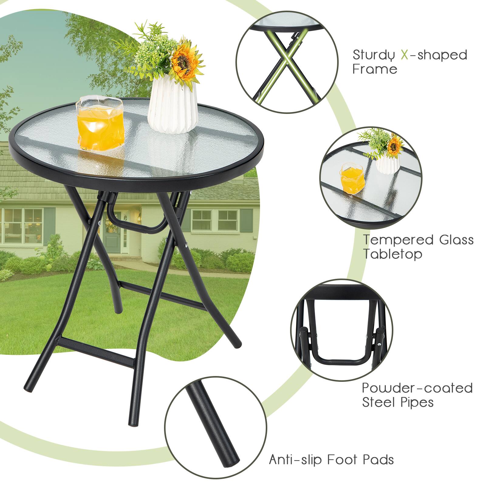 Sturdy X-shaped Frame  
Tempered Glass Tabletop  
Powder-coated Steel Pipes  
Anti-slip Foot Pads