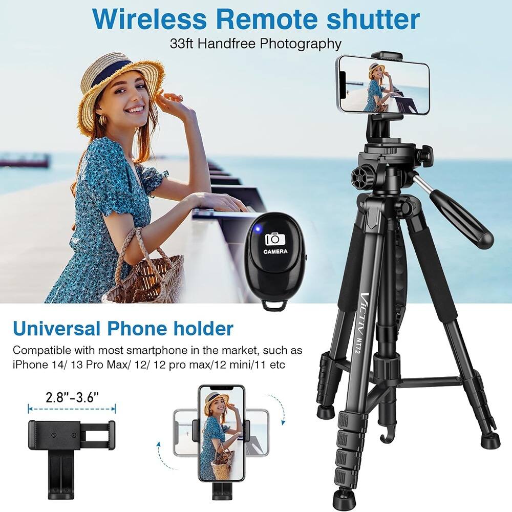 Wireless Remote Shutter  
33ft Handfree Photography  

Universal Phone Holder  
Compatible with most smartphones in the market, such as iPhone 14/13 Pro Max/12/12 Pro Max/12 mini/11 etc.  

2.8" - 3.6"