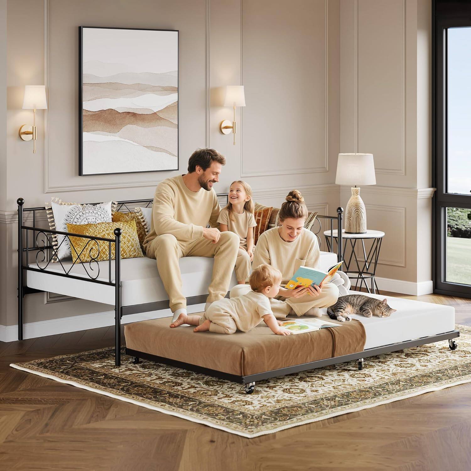 Alt View 7. Qeetex - Daybed with Trundle  Metal Twin Daybed Frame with Headboard  Multifunctional Mattress Foundation Platform Sofa Bed Metal - As Shown.